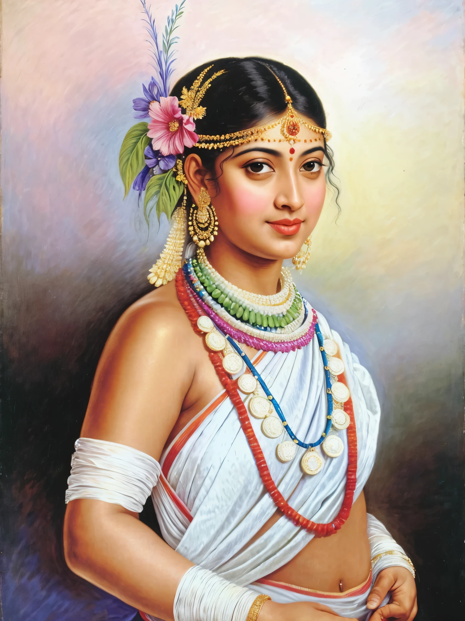 Beautiful Indian Woman, wearing saree, sari Beauty, gorgeous, Apsara, Maharani, royal queen woman, nymph from Hindu Mythology, Urvashi, matchless beauty, Highly detailed, Oil Painting by Peter Paul Rubens inspired by Raja Ravi Varma, Matchless beauty, captivating, gorgeous, heavenly beauty, celestial beauty, by Peter Paul Rubens, 13, realistic, hyper realistic, micro details, incredible artwork, insane details, ultra High resolution, 8k, 32k, acrylic on canvas, intricate, flawless, detailed, detailed face, detailed eyes, masterpiece, by Peter Paul Rubens, by Caravaggio, by William Adolphe bouguereau, perfect face, perfect body, beautiful art, realism, baroque, renaissance Art, highly textured, beautiful and detailed eyes, uhd, best quality,
