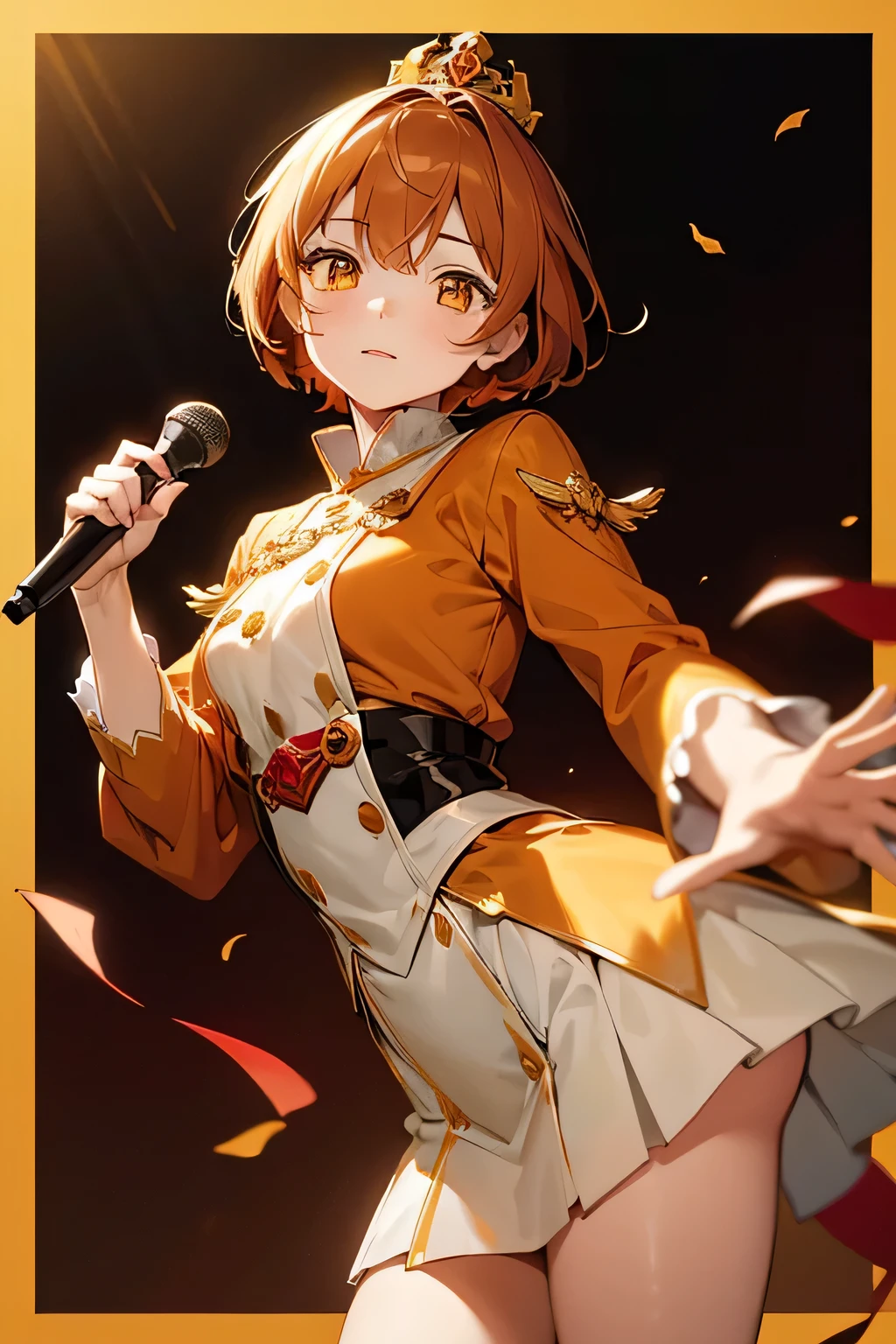 Girl wearing ivory and red prince costume、1 person、golden button、Aristocratic style、orange brown hair、yellow eyes、short hair、luster、luster、sing、lively look、Honey Core、Hozuki drawing background、bold pose