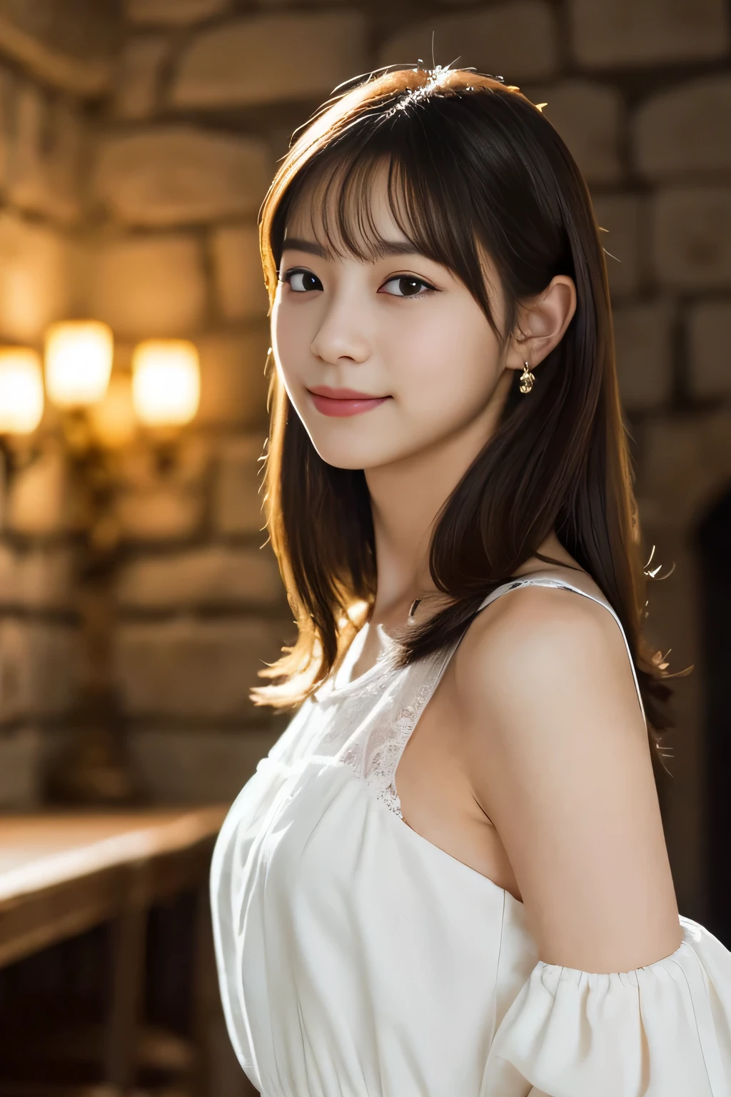 1 girl, (wearing a white dress:1.2), (Raw photo, highest quality), (realistic, Photoreal:1.4), very delicate and beautiful, very detailed, 2k wallpaper, wonderful, finely, very detailed CG Unity 8K 壁紙, Super detailed, High resolution, soft light, beautiful detailed girl, very detailed目と顔, beautifully detailed nose, finelyて美しい目, cinematic lighting, (castles of the loire:1.3), , perfect anatomy, slender body, straight semi-long hair, looking at the viewer, slight smile
