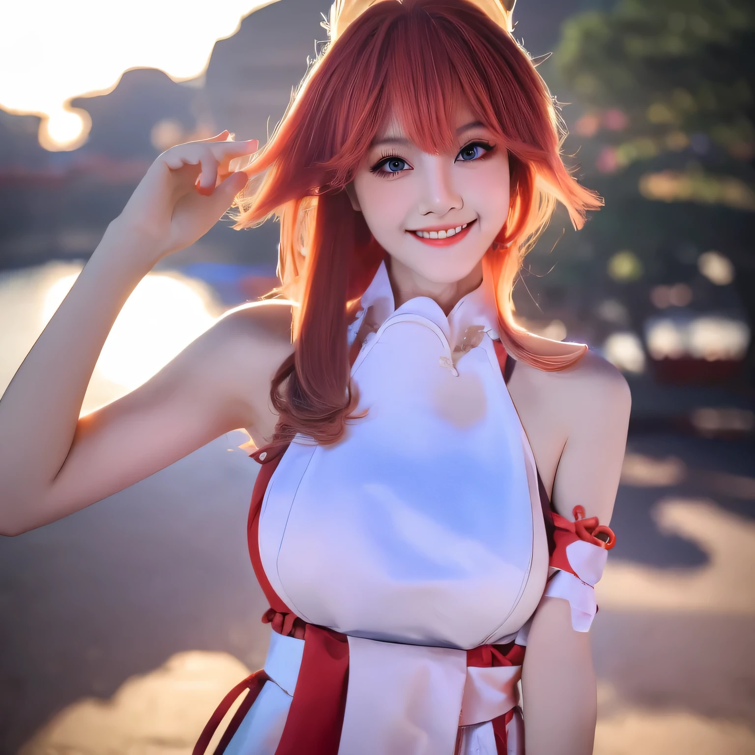 a realistic 4k Chinese girl leaning forward with a big breast with a while dress with a cute eye smiling