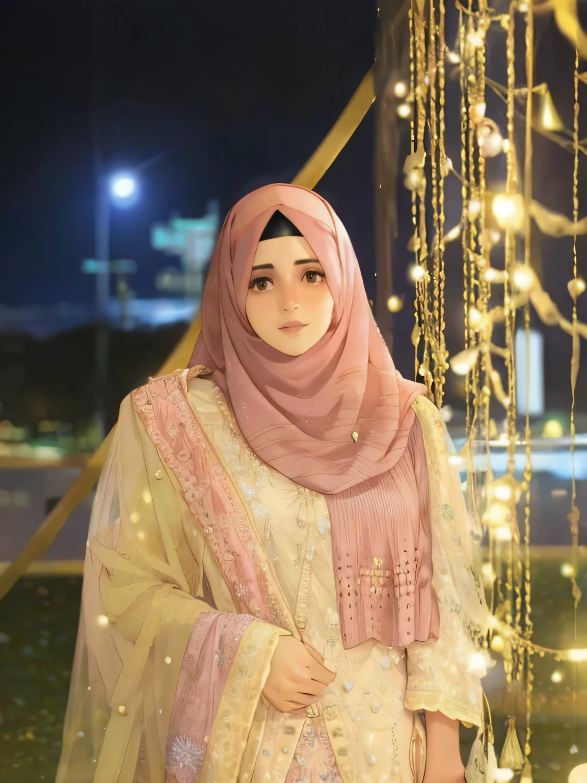 a woman in a hijab stands in front of a string of lights, faridah malik, inspired by Riza Abbasi, inspired by Ambreen Butt, at night time,  candid picture, background is heavenly, kyza saleem, arab ameera al taweel, inspired by Lubna Agha