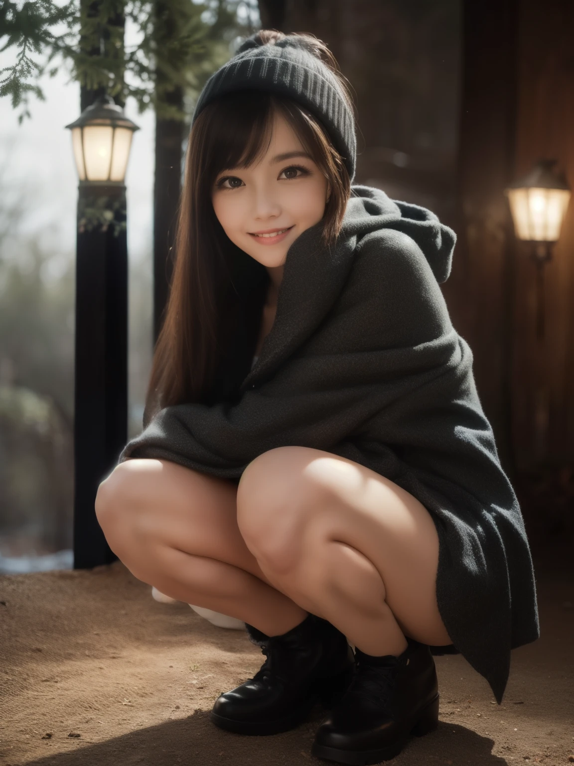(highest quality, 8K, 32k, masterpiece, UHD: 1.2), (winter), ((midnight)), ((open clothes)), (down coat), smile, camp site, big, forest, background bokeh, (squatting position), lots of lamps, crowd