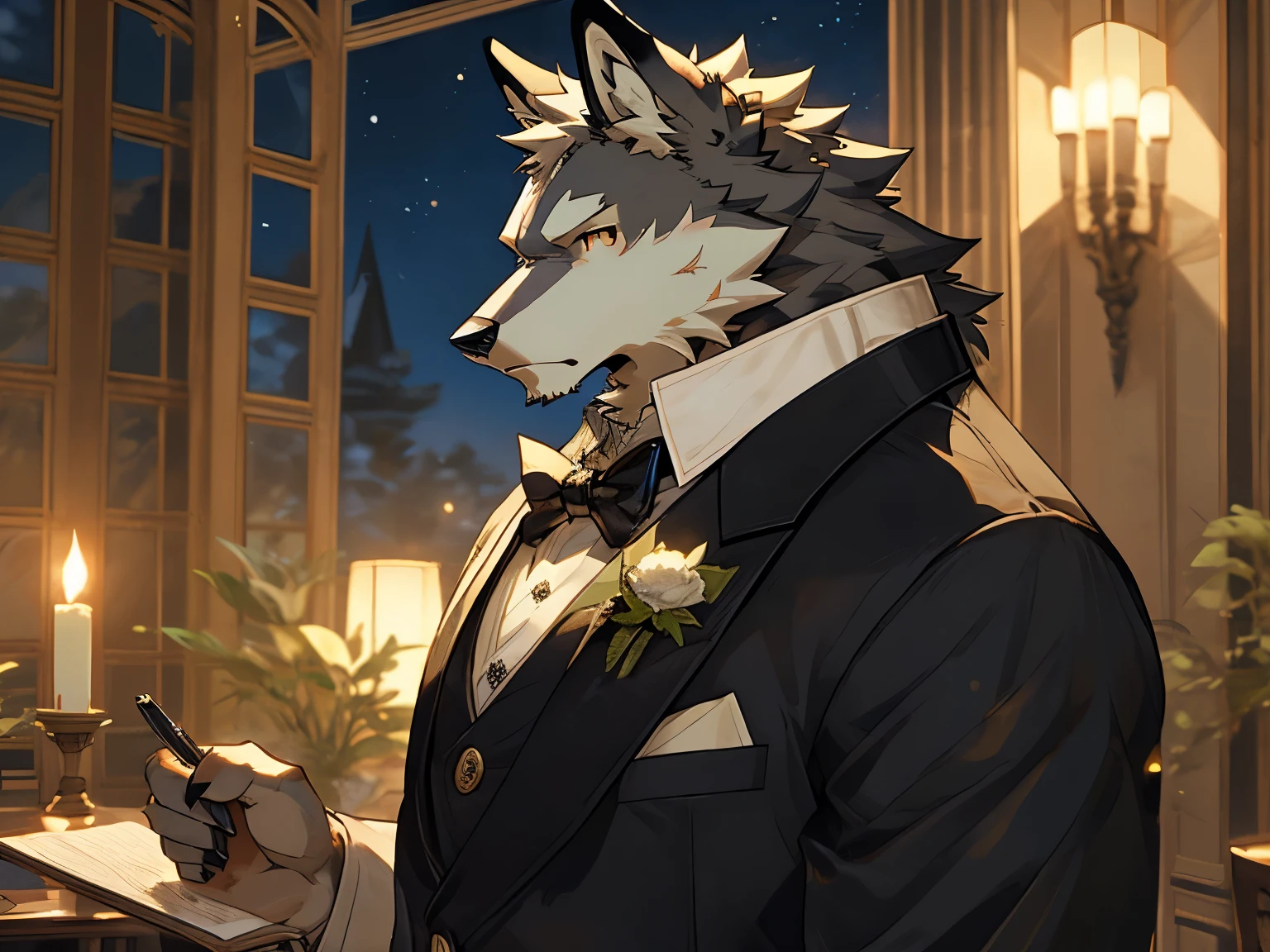 ((best quality)), ((masterpiece)), (detailed), perfect face,solo,kemono,night,mansion,gray fur,Butler uniform,Butler,anthro gray wolf.slender frame,golden eyes,indoor,writing