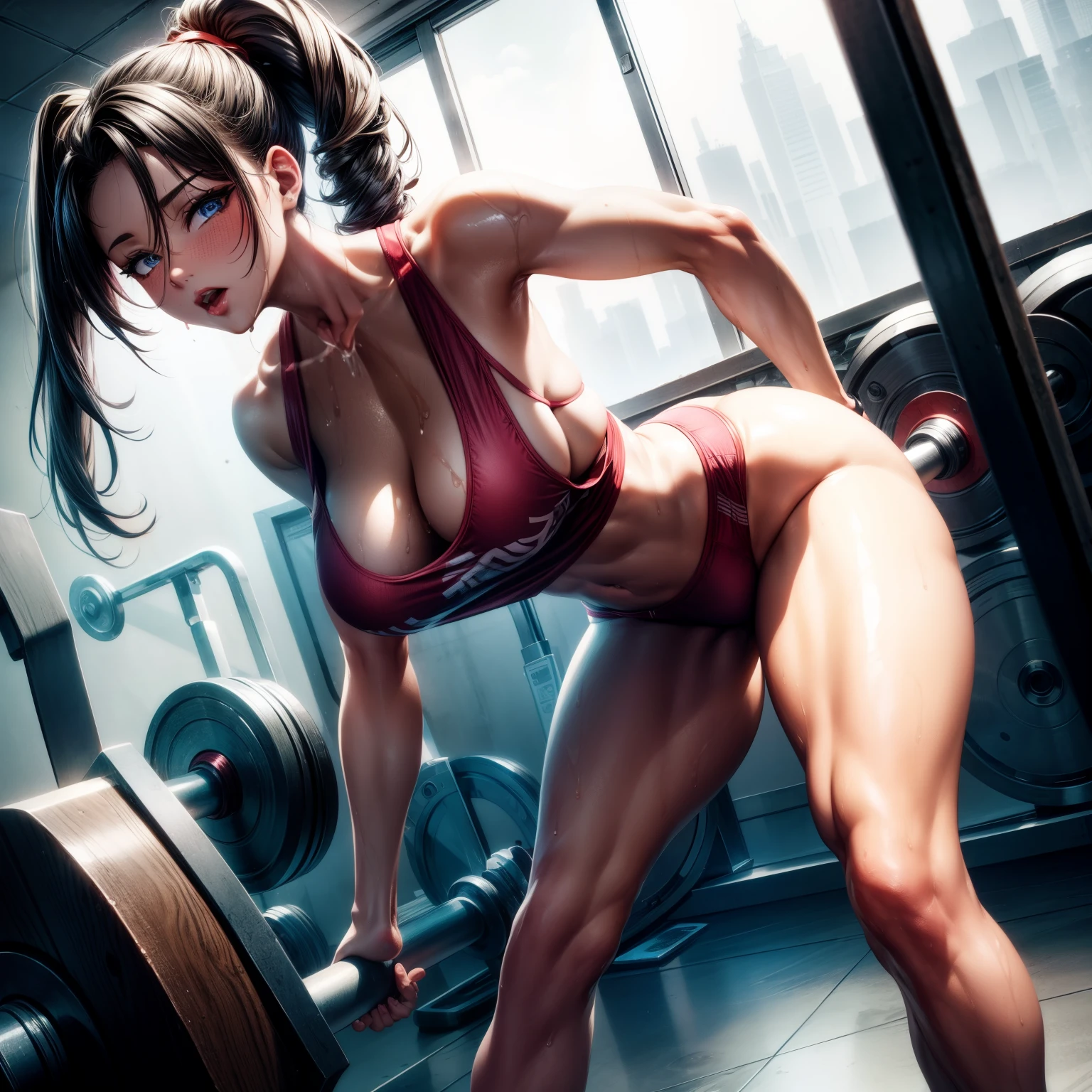 (8K，Ultra-detailed，Hyper photorealism，best masterpiece，nature，perfect work of art，perfect female body)，two cute girls，Standing in the gym wearing a red see-through silk shirt，Female fitness trainer，Stylish hairstyle，Body shiny，greasy girl，Elegant and sexy weightlifter，sexy exposed forehead girl，Sexy vacuum fitness beauty，urine leakage，wet，Built-in thong，big cleavage，Stretch the meat，Improve sex appeal，It&#39;s a violent house，Full body shots