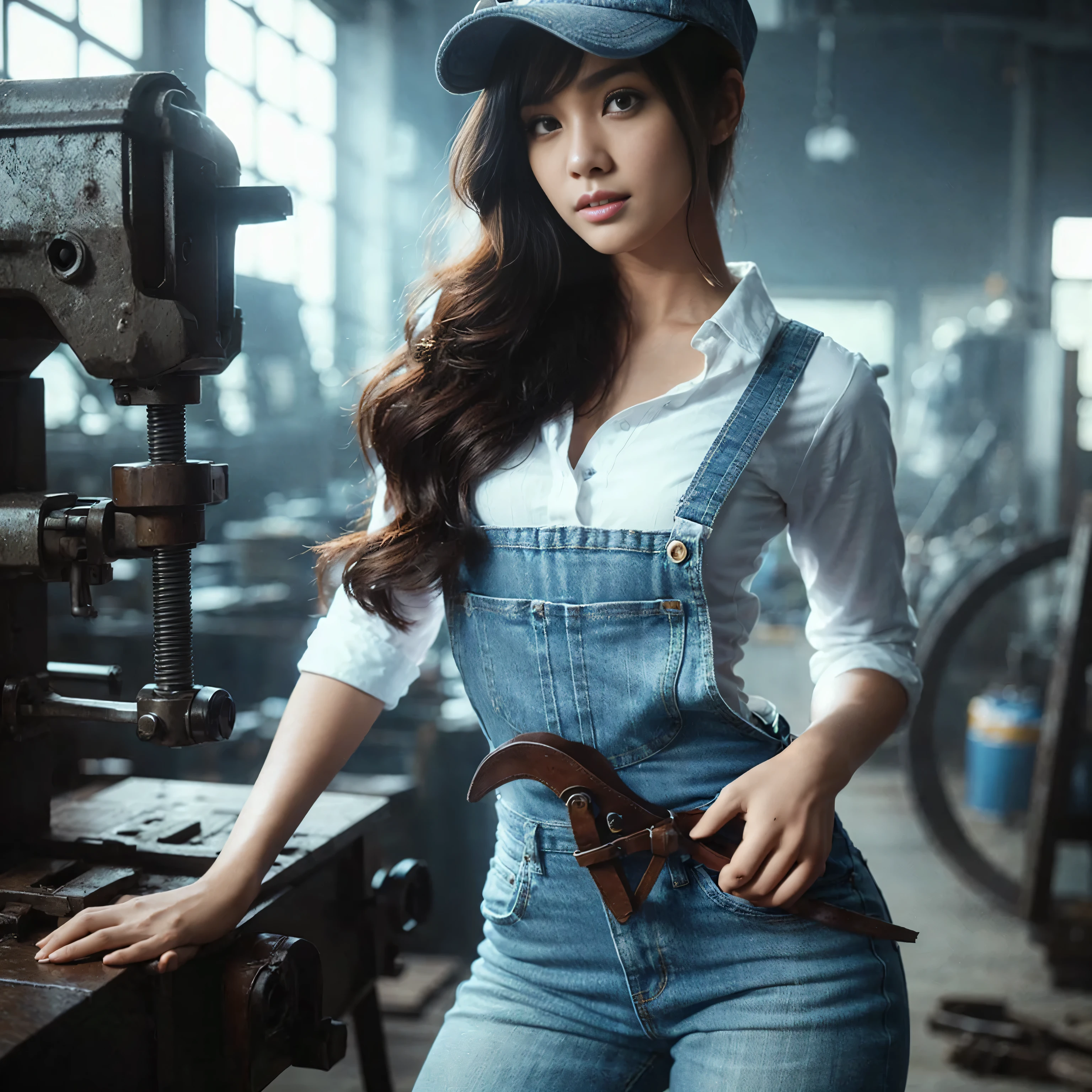 beautiful indonesia woman in white shirt denim overall, wearing blue jeans. She is wearing cap and holding a wench. The environment is a workshop, cinematic, very detail, ultra HD, hyper realistic