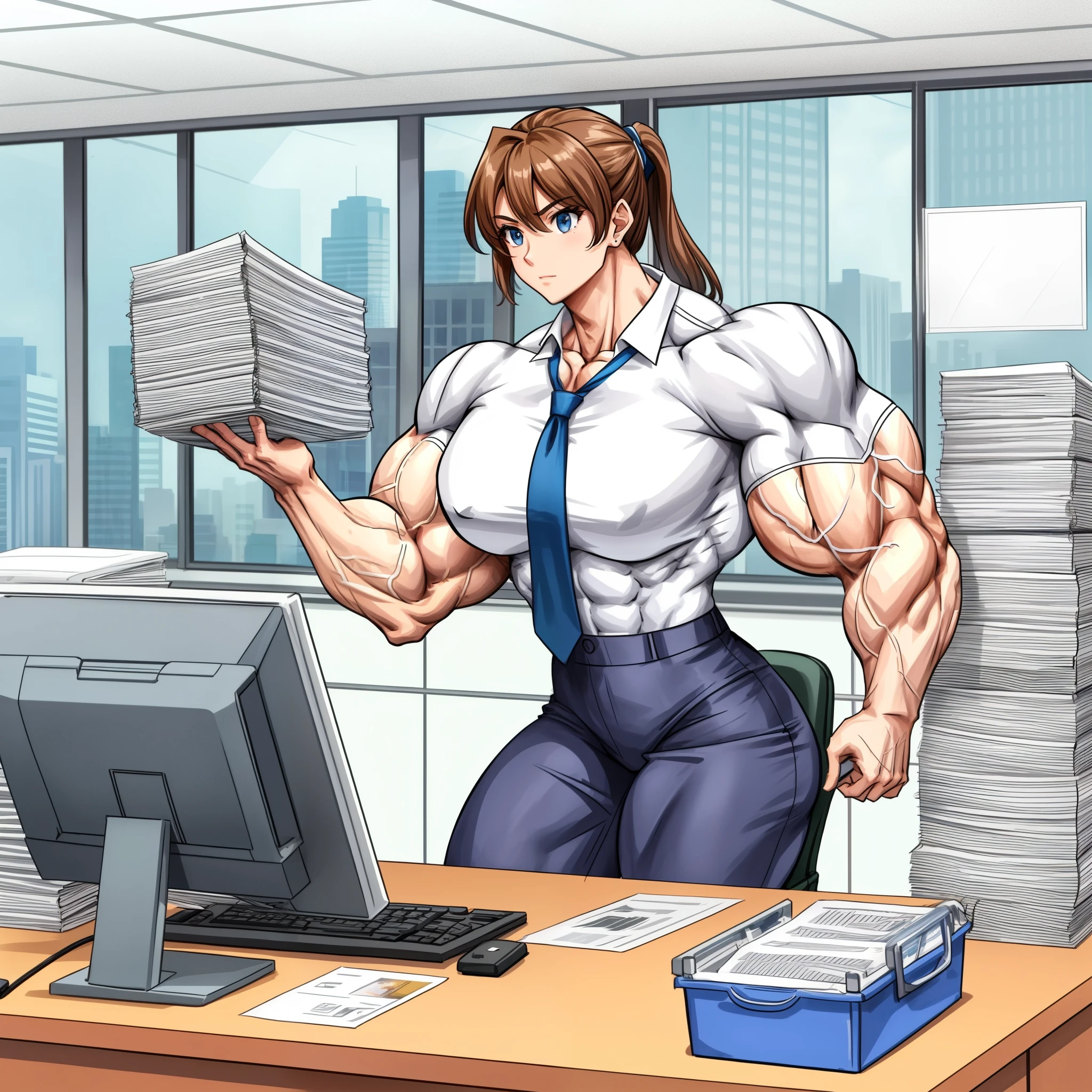 1 girl,(masterpiece) ,beautiful, muscular shoulder,muscular female,, alternate muscle size,muscular, office lady,, biceps,