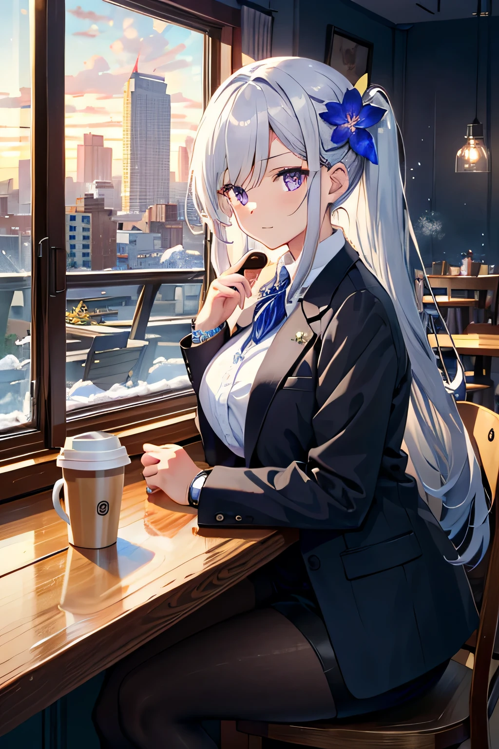 1 girl, focus only, tall girl, gray hair, Very long hair, purple eyes, Big breasts, wide hips, Pointed face, jewel eyes, Serious, tired, Wearing a long gray coat, black blazer, black pantyhose, fashion sneakers, Accessories, smart watch, flower hair accessories, Lovely smile, sitting, coffee shop, Cafe atmosphere, cafe aesthetics, There is snow on the windows, dawn, Window view, massive cityscape, beautiful scenery, dim atmosphere, holding coffee, {correct posture}, {detailed clothing}, {detailed body}, {Correct body anatomy}, {extremely beautiful and Beautifully anime face and eyes}, {tiny details}, {intricate details}, {Beautifully}, (masterpiece), (best quality), (wallpaper), (8k HD),