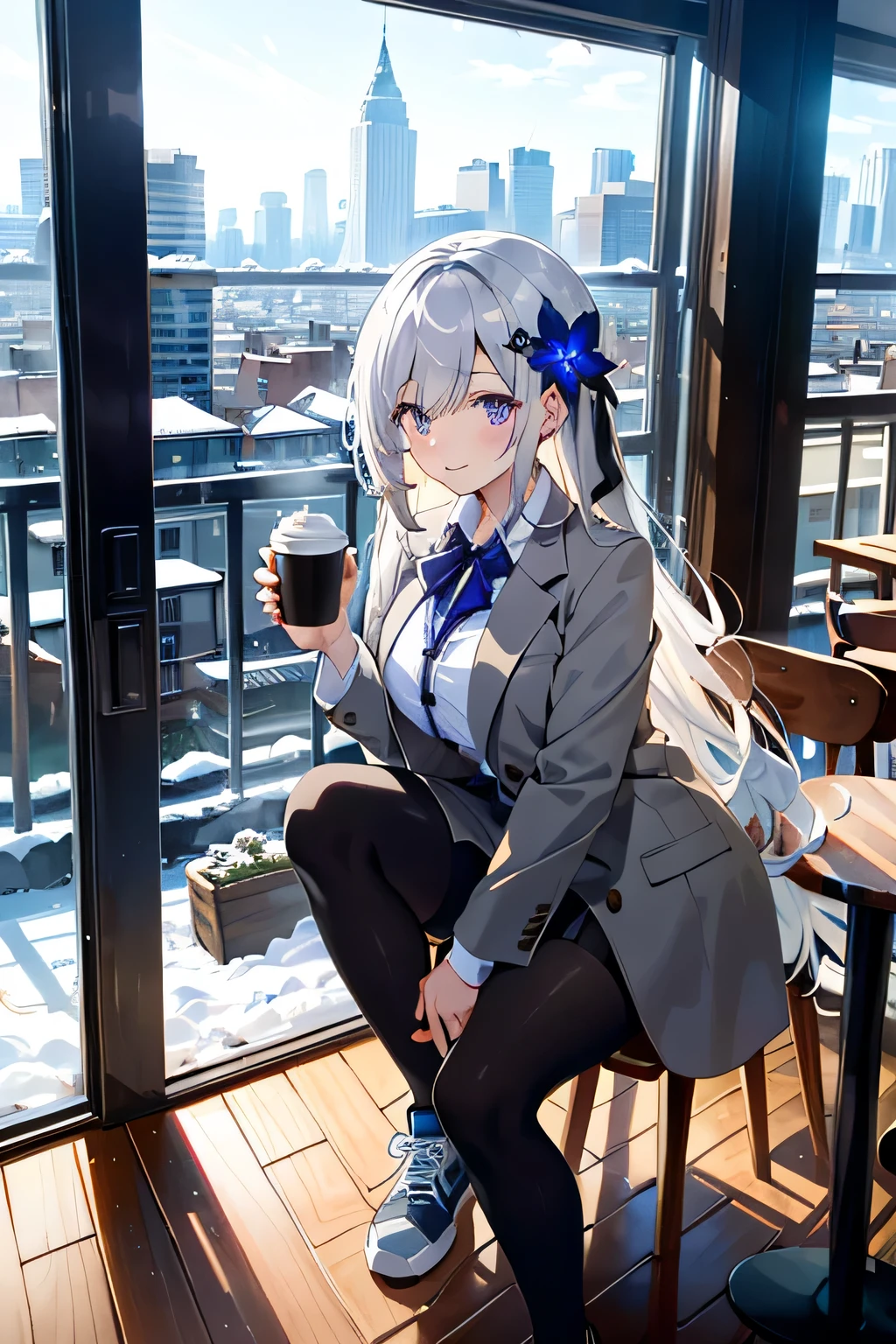 1 girl, focus only, tall girl, gray hair, Very long hair, purple eyes, Big breasts, wide hips, Pointed face, jewel eyes, Serious, tired, Wearing a long gray coat, black blazer, black pantyhose, fashion sneakers, Accessories, smart watch, flower hair accessories, Lovely smile, sitting, coffee shop, Cafe atmosphere, cafe aesthetics, There is snow on the windows, dawn, Window view, massive cityscape, beautiful scenery, dim atmosphere, holding coffee, {correct posture}, {detailed clothing}, {detailed body}, {Correct body anatomy}, {extremely beautiful and Beautifully anime face and eyes}, {tiny details}, {intricate details}, {Beautifully}, (masterpiece), (best quality), (wallpaper), (8k HD),