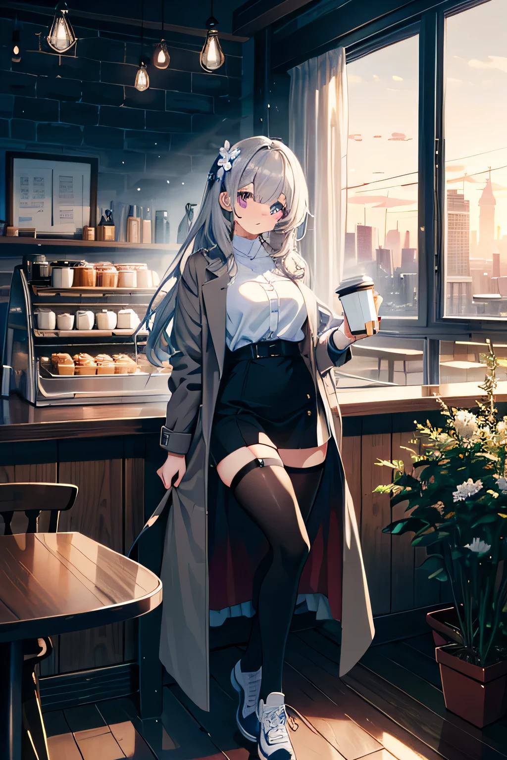 1 girl, focus only, tall girl, gray hair, Very long hair, purple eyes, Big breasts, wide hips, Pointed face, jewel eyes, Serious, tired, Wearing a long gray coat, black blazer, black pantyhose, fashion sneakers, Accessories, smart watch, flower hair accessories, Lovely smile, sitting, coffee shop, Cafe atmosphere, cafe aesthetics, There is snow on the windows, dawn, Window view, massive cityscape, beautiful scenery, dim atmosphere, holding coffee, {correct posture}, {detailed clothing}, {detailed body}, {Correct body anatomy}, {extremely beautiful and Beautifully anime face and eyes}, {tiny details}, {intricate details}, {Beautifully}, (masterpiece), (best quality), (wallpaper), (8k HD),