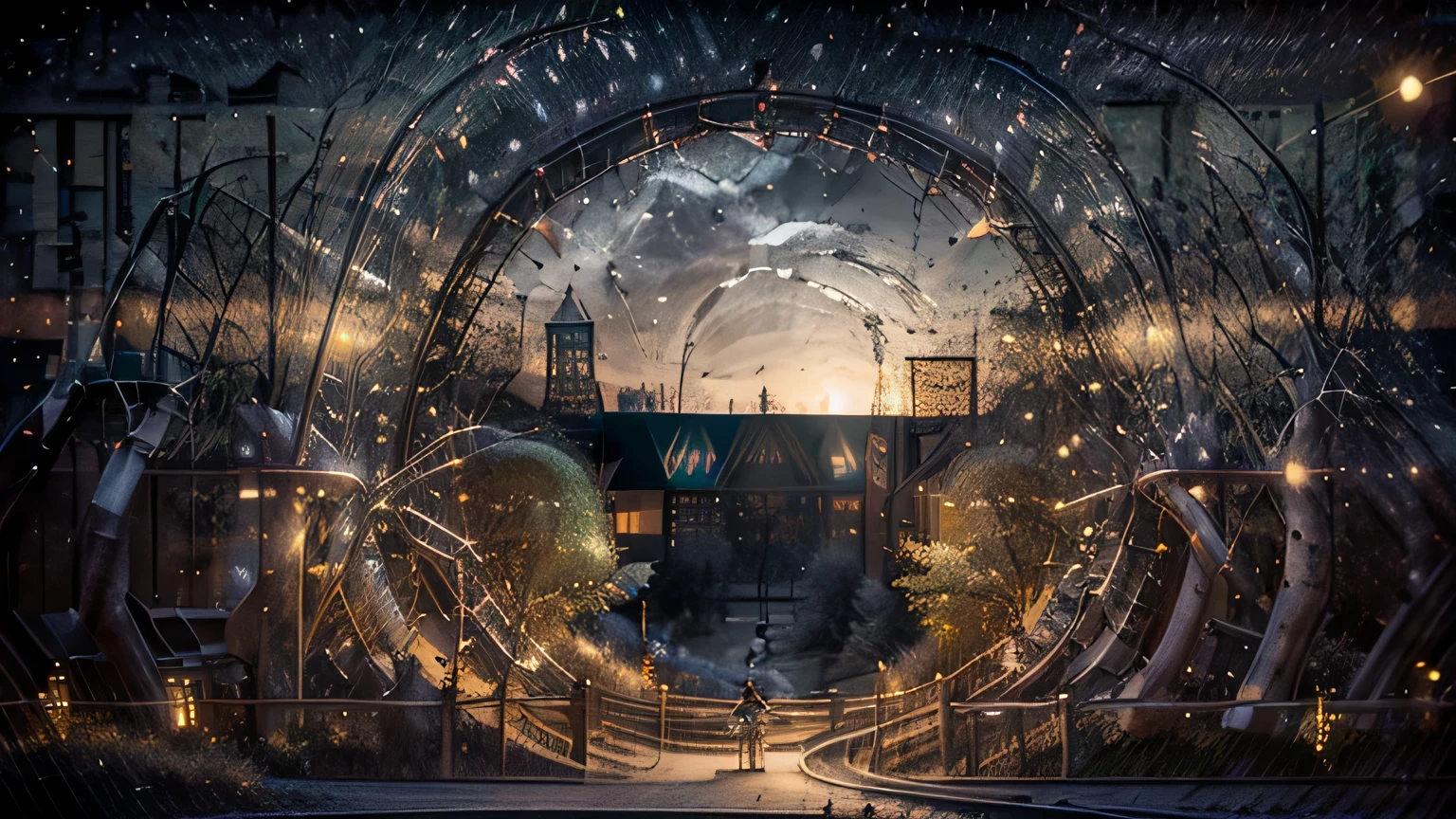 A magical summer night in the city. the other side of the tracks、View of a large park beyond the white park fence. lots of lights, wreath, music, people々々. A lake shining in the distance illuminated by moonlight. An ancient square somewhere in the maze of streets. Cars fly by like fireflies
