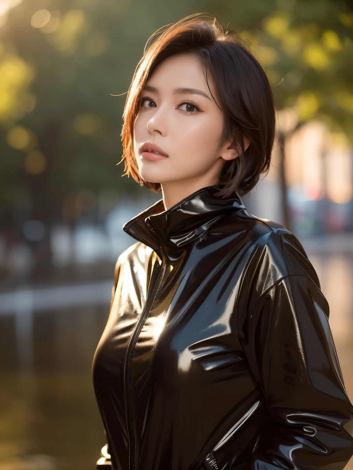 beautiful handsome woman, (((highest quality, 8K, masterpiece: 1.3)), beautiful japanese woman, 1 female, big: 1.3, slender body shape: 1.1, bouncy dark brown short hair, (rainy park, wet body, wet clothes: 1.1), highly detailed face, lip details, fine eyes, double eyelid, raised his arms