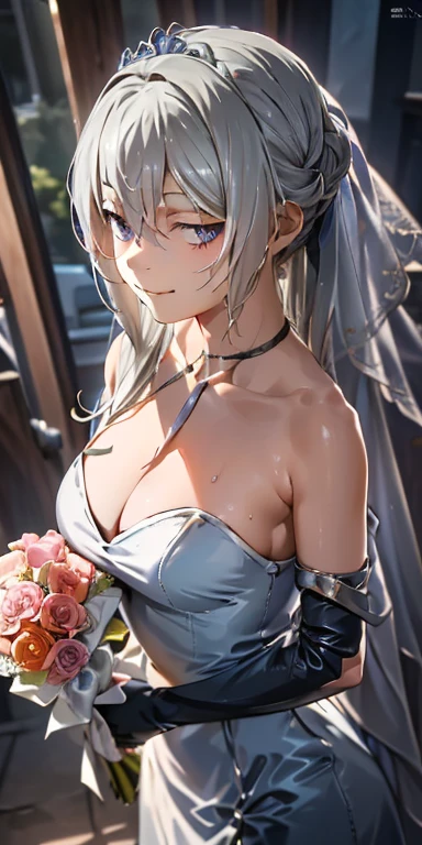 (from above:1.2),(from side:0.9), ((Face)), (Close-Up:0.4), ((looking at viewer, holding a bouquet to his mouth)), highest quality、(real、photorealistic:1.4)、(RAW photo:1.2)、very detailed CG unity 8k wallpaper, delicate and beautiful, wonderful, Fine detail, official art, disorganized, very disorganized, huge file size, Ultra-detailed, very detailed, very detailed girl, very detailedなeyes and face, Bright on the face、(age girl:1.7)、small smile, ,smiling, miorine rembran, ahoge, (white hair:1.25), hair between eyes, hair bun, (long hair:1.25), tiara,,ruanyi0261,off-shoulder dress,pearl \(gemstone\),tiara,veil,wedding dress, wedding necklace, wedding long gloves, (luxurious bouquet), chapel, Stained glass,(best quality, highres, masterpiece:1.2), ultra-detailed, (realistic:1.37) illustration, erotic style, soft lighting, sweat glistening on her body, gentle warmth, dark and mysterious, small breast,narrow waist,(with sparkling eyes and a contagious smile),her thin pubic hair, looking at viewer,