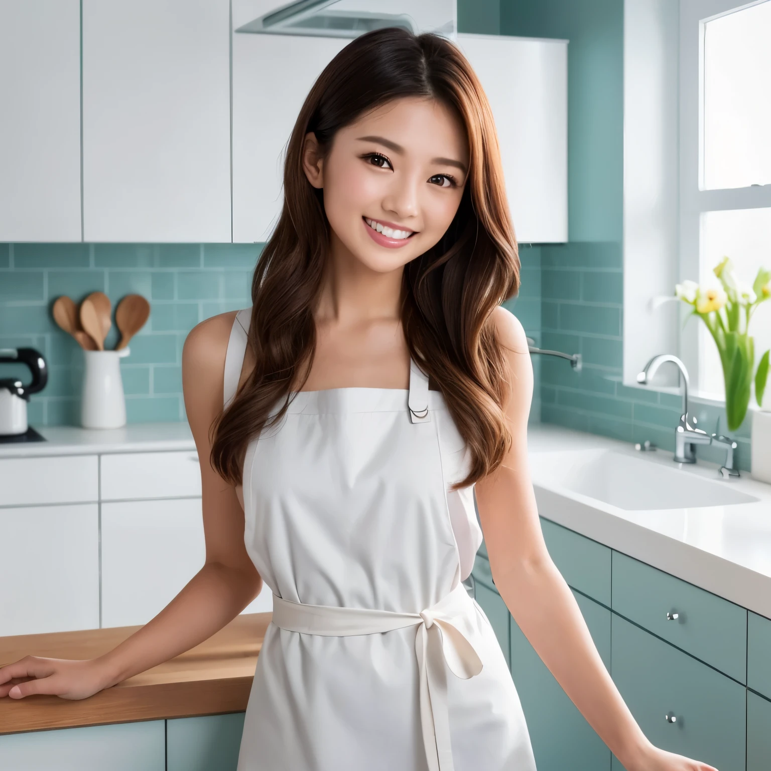 (table top、highest quality、8K、Award-winning work、ultra high resolution)、one beautiful woman、(wearing the most natural and perfect apron:1.1)、(naked apron:1.2)、long hair、(Look at me with your best smile:1.1)、(Show your beautiful teeth and have the best smile:1.1)、perfect beautiful teeth、emphasize body line、(bust up photo:1.1)、(Photo above the waist:1.2)、big breasts、(The most natural and practical kitchen:1.1)、(Perfectly organized and clean kitchen:1.1)、(modern and elegant kitchen:1.1)、(Perfect kitchen with state-of-the-art induction:1.1)、(Beautiful modern kitchen with a unified feel:1.1)、(すごくbright:1.2)、(すごくbright and vivid:1.2)、bright、すごくbright、that&#39;It&#39;s very vivid、the most vivid、High chroma、radiant beautiful skin、A refreshing and beautiful perfect window、ultra high resolutionのperfect beautiful teeth、(Ultra high definition glossy skin:1.1)、(すごくbrightly lit、bright and glowing skin:1.2)、Super high-definition sparkling eyes、(accurate anatomy:1.1)、(the most elegant and perfect posture:1.1)