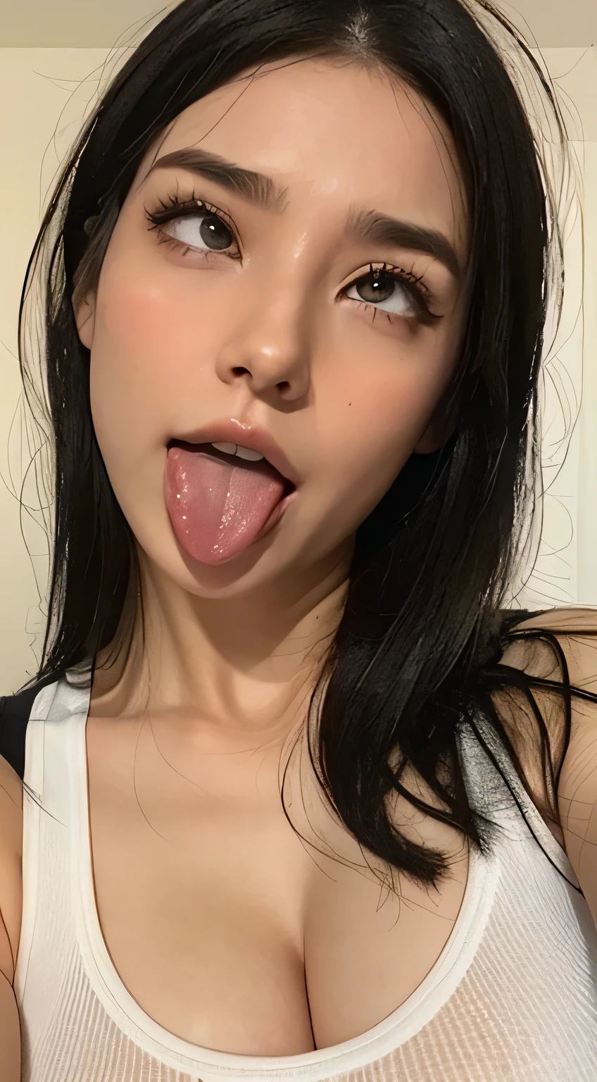 (realistic, photorealistic:1.37)Highly detailed face and skin texture, (High-definition lashes)、eye、nose、focus on the mouth、close up of face、focus on face、口を開けてeyeを閉じた女性、35 years old、black hair、しわeye:1.1、symmetrical face、リアルなnose孔、細長いC字型のnose孔NSFW、sweaty skin、((鋭いnose))Skin shiny with sweat、shiny skin、from below、(Tank top)long tongue、drooling.