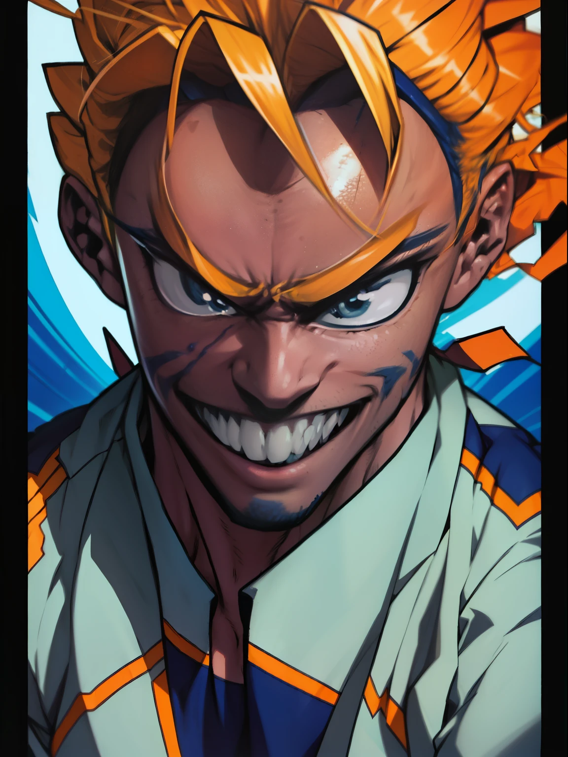 anime,mago, cabelo azul, olhos amarelos brilhantes, sorriso alegre, Canon, 4K, UHigh definition, High definition, alta qualidade, detalhes altos, Anatomicamente Correto, desenho de um homem com bigode e piercing no nariz, detalhado facial expression, altamente detalhado angry anime face, certo - meio rosto alegre, face with realistic proportions, detalhado anime face, 2d concept art head macro shot, slightly happy facial expression, very expressive detalhado face, contornos de anime limpos, altamente_detalhado_face!!!, detalhes faciais proporcionais