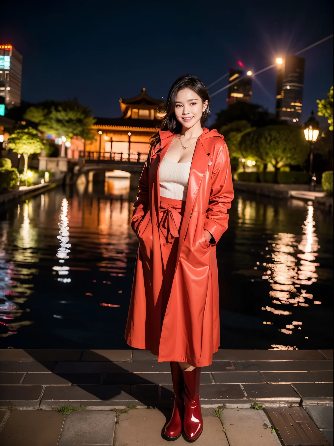 (Raw photo:1.2), (realistic:1.4),beautiful detailed woman,非常にfine eyesと顔, fine eyes, Super detailed,High resolution, very detailed,highest quality,enlightenment,unified,8k wallpaper,masterpiece,highest quality,1 female,alone,rich,Full body Esbian,(Standard body shape)、(D cup breasts:1.1),There'leg meat,slim waist,alone,(red raincoat、red rain boots),jewelry necklace short hair,gentle smile,dignified atmosphere,black eye,realistic,Suzhou Garden , (night garden:1.1)、(it's raining:1.5)