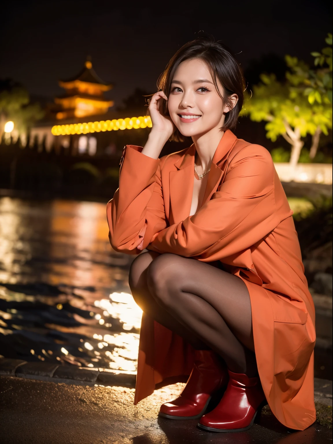 (Raw photo:1.2), (realistic:1.4),beautiful detailed woman,非常にfine eyesと顔, fine eyes, Super detailed,High resolution, very detailed,highest quality,enlightenment,unified,8k wallpaper,masterpiece,highest quality,1 female,alone,rich,Full body Esbian,（Standard body shape）、（D cup breasts：1.1）,There&#39;leg meat,slim waist,alone,（red raincoat、red rain boots）,jewelry necklace short hair,gentle smile,dignified atmosphere,black eye,realistic,Suzhou Garden , (night garden:1.1)、（rain:1.5)