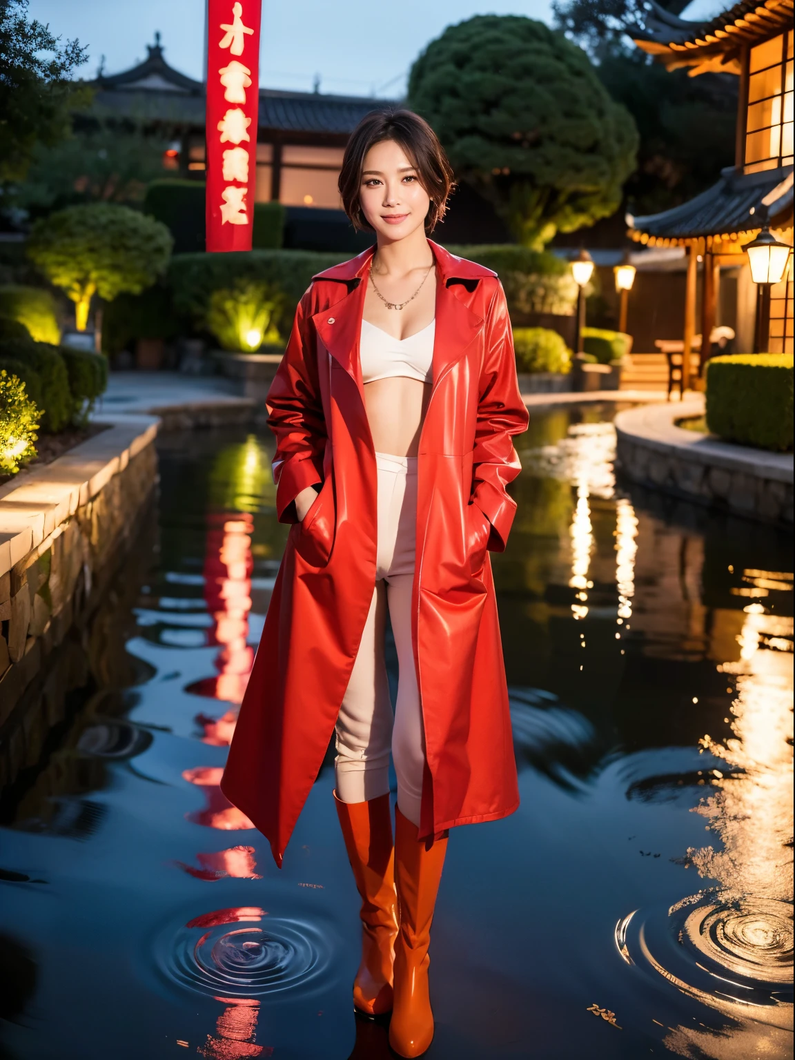 (Raw photo:1.2), (realistic:1.4),beautiful detailed woman,非常にfine eyesと顔, fine eyes, Super detailed,High resolution, very detailed,highest quality,enlightenment,unified,8k wallpaper,masterpiece,highest quality,1 female,alone,rich,Full body Esbian,（Standard body shape）、（D cup breasts：1.1）,There&#39;leg meat,slim waist,alone,（red raincoat、red rain boots）,jewelry necklace short hair,gentle smile,dignified atmosphere,black eye,realistic,Suzhou Garden , (night garden:1.1)、（rain:1.5)