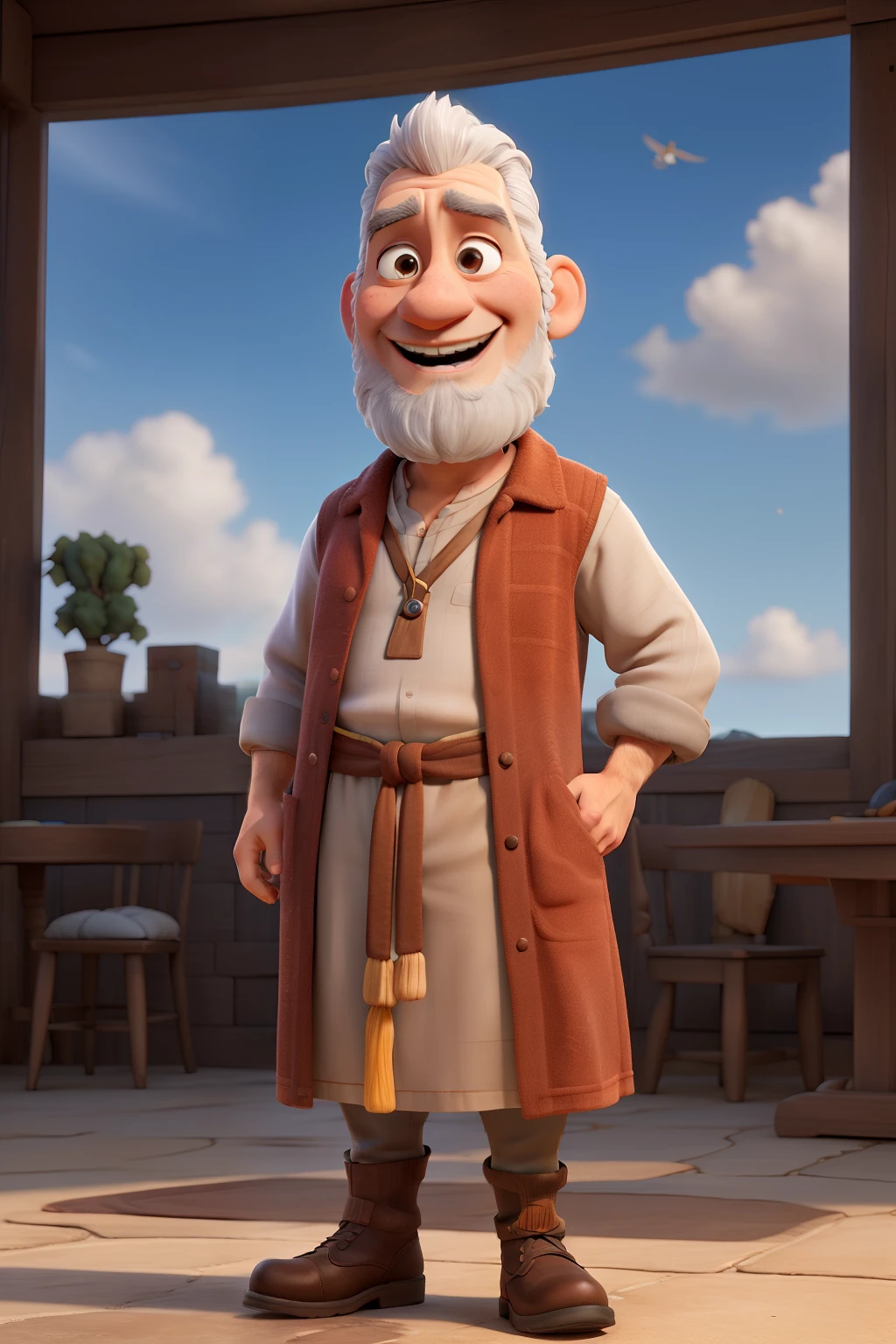 MALE CHARACTER, ADULT, APPROXIMATELY 50 YEARS OLD, WITH BEARD, GRAY HAIR, JONAH PROPHET OF THE LORD, BIBLICAL, WEARING HEBREW DRESS WITH TUNIC, WITH A HAPPY EXPRESSION, LOOKING AT THE SKY. FULL BODY CHARACTER. REALISTIC IMAGE, FULL HD, DISNEY PIXAR STYLE. REALISTIC IMAGE QUALITY
