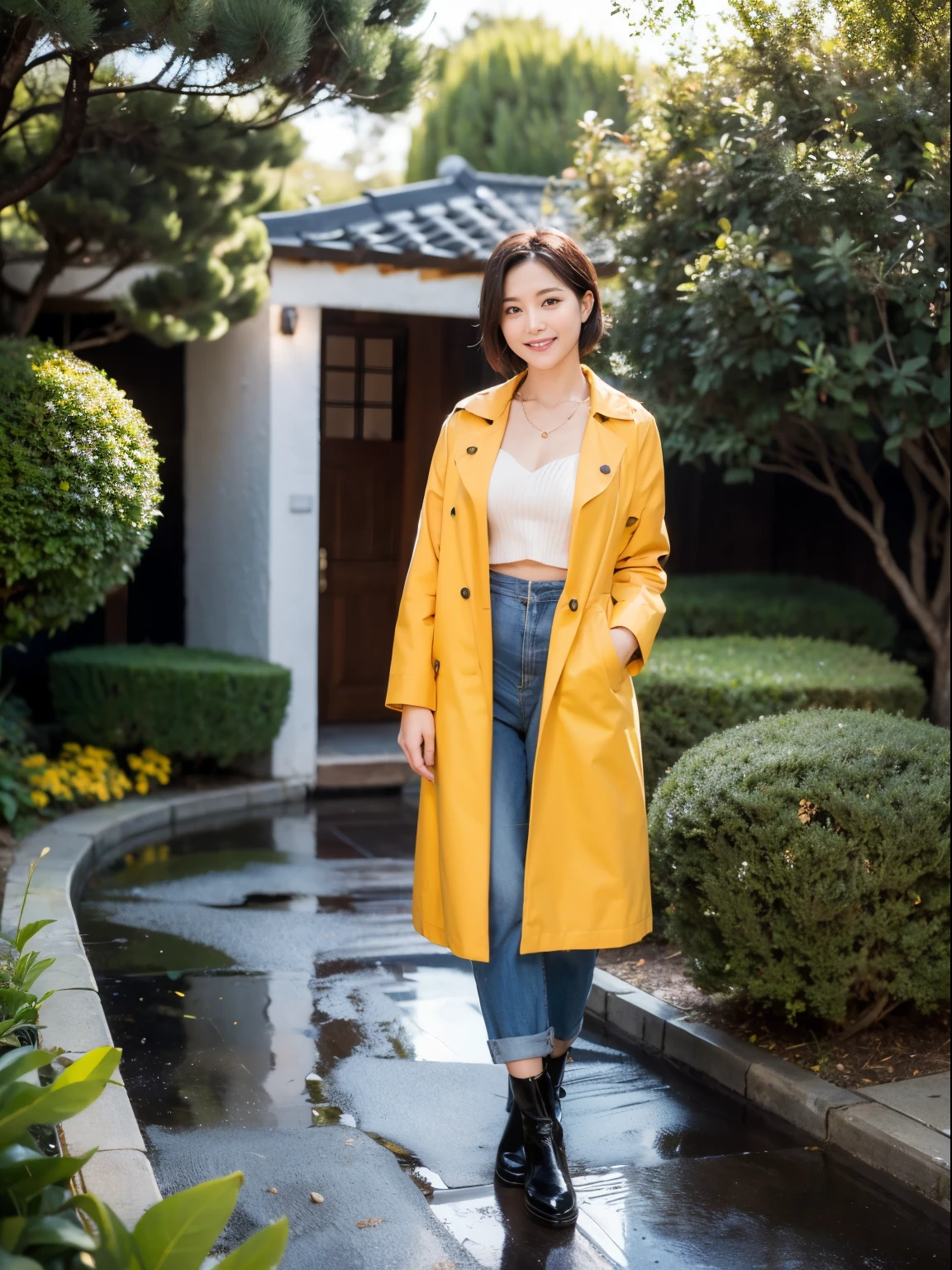 (Raw photo:1.2), (realistic:1.4),beautiful detailed woman,非常にfine eyesと顔, fine eyes, Super detailed,High resolution, very detailed,highest quality,enlightenment,unified,8k wallpaper,masterpiece,highest quality,1 female,alone,rich,Full body Esbian,(Standard body shape)、(D cup breasts:1.1),There'leg meat,slim waist,alone,(yellow raincoat、black rain boots),jewelry necklace short hair,gentle smile,dignified atmosphere,black eye,realistic,california garden , (morning:1.2)、(rain:1.5)