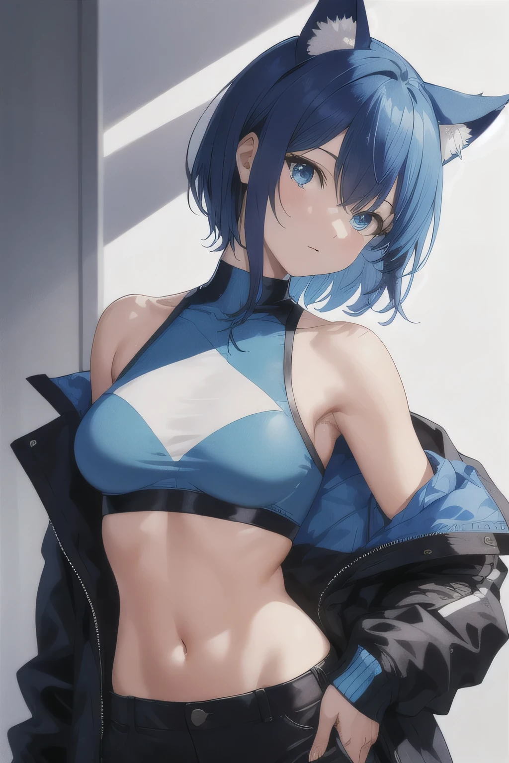 masterpiece:1.2, high quality, best quality, detailed_background,indoors,High resolution,there is nothing (Solution 1988),black Jacket,Upper body,open your clothes,ridiculous,blue eyes,open Jacket,gradient background,looking at the audience,Good at sports,1 girl,short hair,bare shoulders,alone,Animal ears,blue hair,Jacket,crop top,take off shoulders,head tilt,cat ears