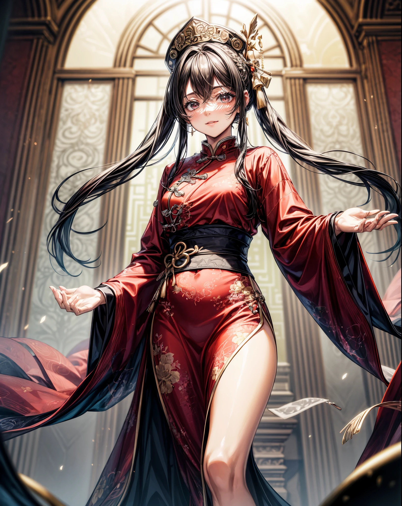 masterpiece,highest quality,Ultra high definition, Tang Dynasty, Beauty, Red Traditional Chinese Costume, Palace, Elegant, Classical Beauty,black hair, brown eyes,smile, a setting sun view, He's got his hands outstretched