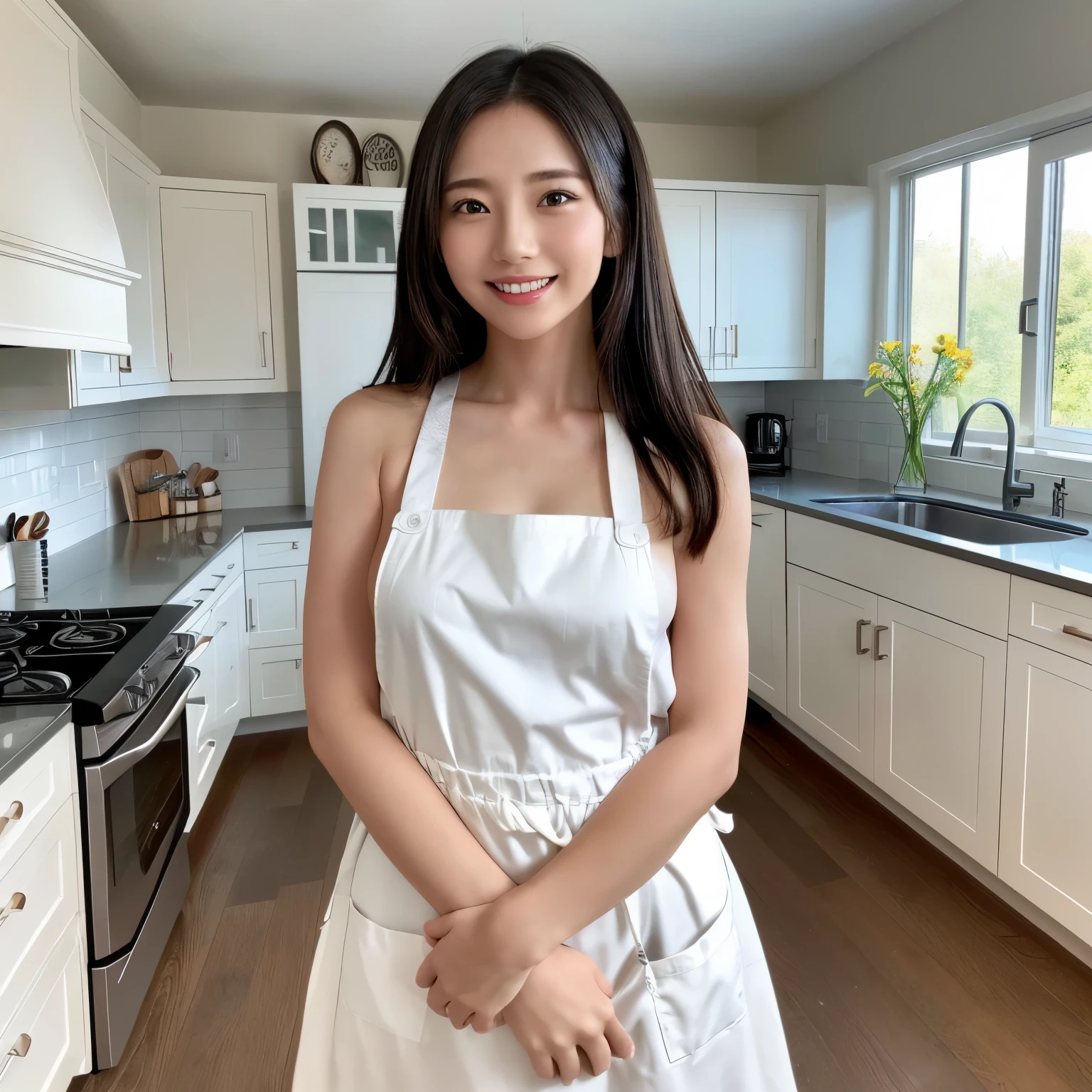 (table top、highest quality、8K、Award-winning work、ultra high resolution)、one beautiful woman、(wearing the most natural and perfect apron:1.1)、(naked apron:1.2)、long hair、(Look at me with your best smile:1.1)、(Show your beautiful teeth and have the best smile:1.1)、perfect beautiful teeth、emphasize body line、(bust up photo:1.1)、(Photo above the waist:1.2)、big breasts、(The most natural and practical kitchen:1.1)、(Perfectly organized and clean kitchen:1.1)、(modern and elegant kitchen:1.1)、(Perfect kitchen with state-of-the-art induction:1.1)、(Beautiful modern kitchen with a unified feel:1.1)、(すごくbright:1.2)、(すごくbright and vivid:1.2)、bright、すごくbright、that&#39;It&#39;s very vivid、the most vivid、High chroma、radiant beautiful skin、A refreshing and beautiful perfect window、ultra high resolutionのperfect beautiful teeth、(Ultra high definition glossy skin:1.1)、(すごくbrightly lit、bright and glowing skin:1.2)、Super high-definition sparkling eyes、(accurate anatomy:1.1)、(the most elegant and perfect posture:1.1)