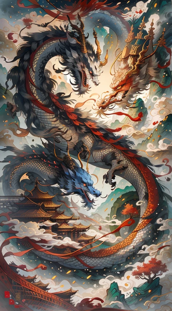 Chinese Dragon Ancient Chinese Painting， Chinese background， mountains， Rios， Xiangyun， exhibition hall， Sunlight， masterpiece， Ultra-detailed， epic work， ultra high definition， high quality， Very detailed， official art， unity 8k wallpaper， Ultra-detailed