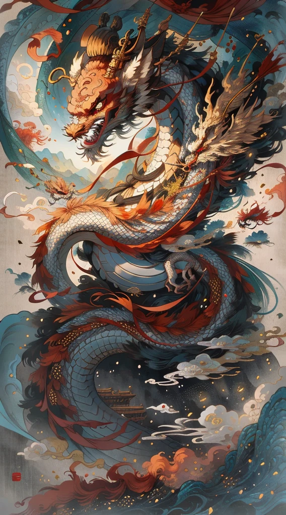 Chinese Dragon Ancient Chinese Painting， Chinese background， mountains， Rios， Xiangyun， exhibition hall， Sunlight， masterpiece， Ultra-detailed， epic work， ultra high definition， high quality， Very detailed， official art， unity 8k wallpaper， Ultra-detailed