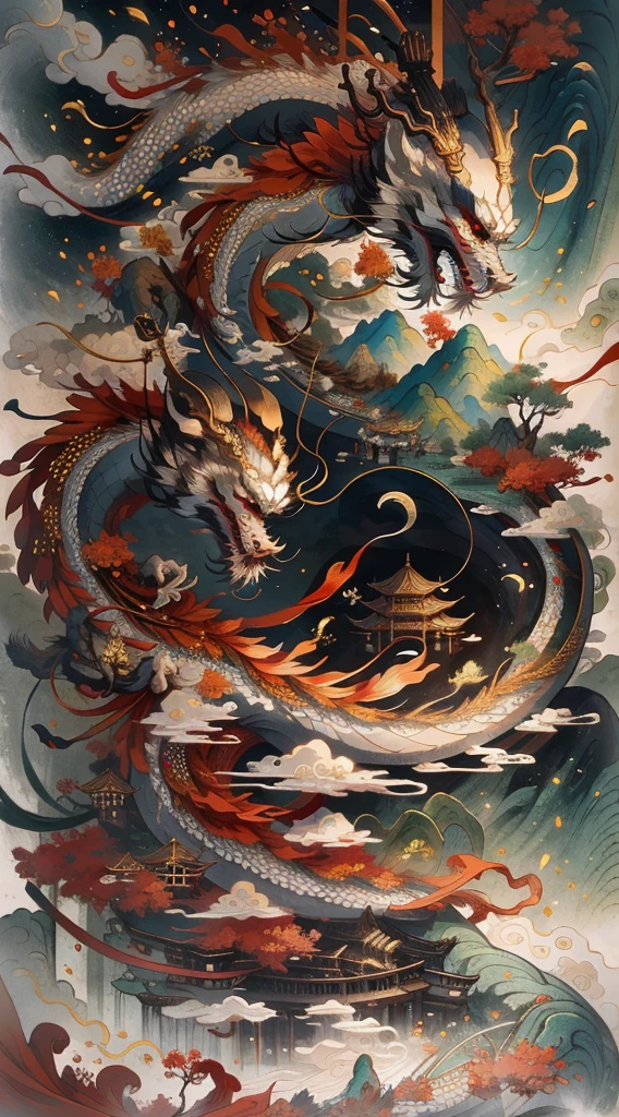 Chinese Dragon Ancient Chinese Painting， Chinese background， mountains， Rios， Xiangyun， exhibition hall， Sunlight， masterpiece， Ultra-detailed， epic work， ultra high definition， high quality， Very detailed， official art， unity 8k wallpaper， Ultra-detailed