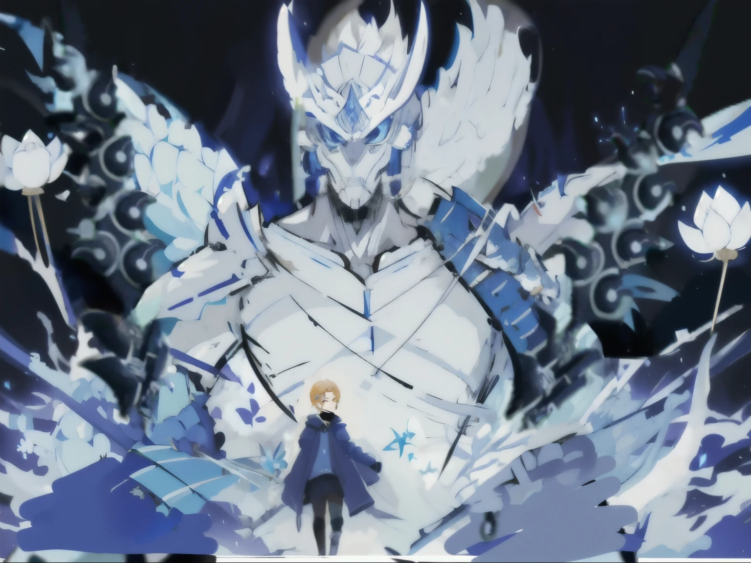 japanese samurai,Blue and white Japanese plate armor,Light blue shoulder armor,((Tengu mask)),((Hold the hilt of a sword in your hand)),((Hawkmoth-like wings made of ice crystals)),((blooming snow lotus))