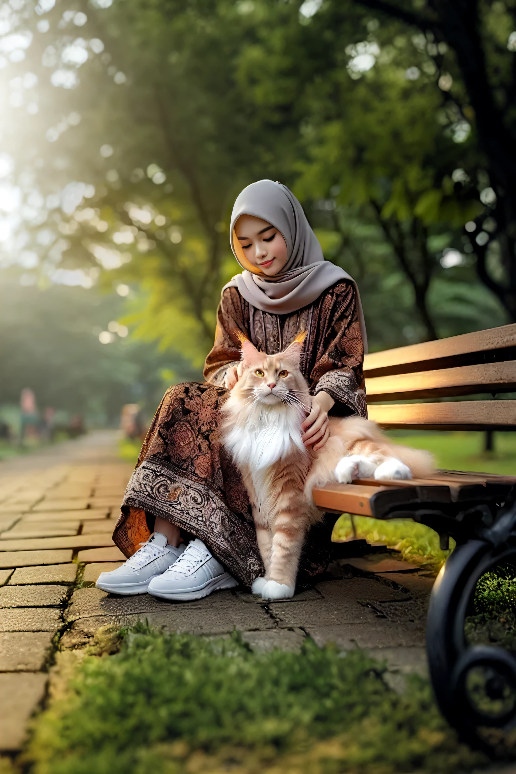 there is a woman sitting on a bench with a cat, woman and cat, portrait shot, sitting on a bench, sitting on bench, cat photography, beautiful woman, beautiful female, in a park, by Basuki Abdullah, sitting on a park bench, at a park, in a city park, elegant cat, female beauty, with small cat on lap
