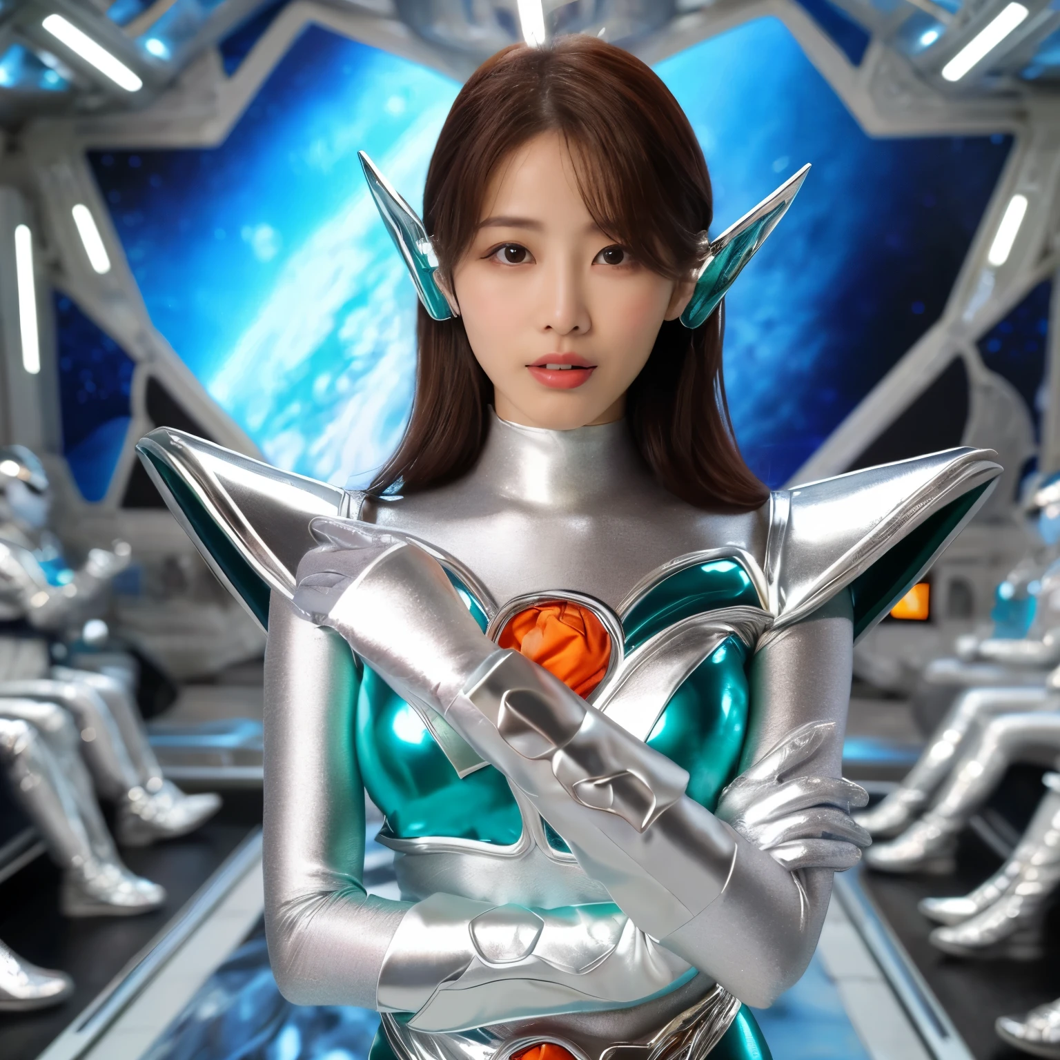 best image quality、Super high resolution、(realism:1.4)、Korean beauty star、The most beautiful KPOP star、horny face、Horny Korean makeup、erotic expression、A body that makes you want to touch it、erotic photos、((Realistic shiny satin fabric texture、High-gloss stretch satin fabric that is smooth and smooth to the touch.、The drape of the curved part of the shiny satin fabric、strong shiny costume、The smooth and beautiful quality and luster of the costumes、A shiny costume made of high-quality satin fabric with high density.、Smooth to the touch oil light liang ice 縝绸 ultra-class battleship skin coat COS、Super Sentai Women's Heroine Suit、Texture of costumes that satin fetishists respond to、Thin, glossy stretch satin fabric)),8K photo quality