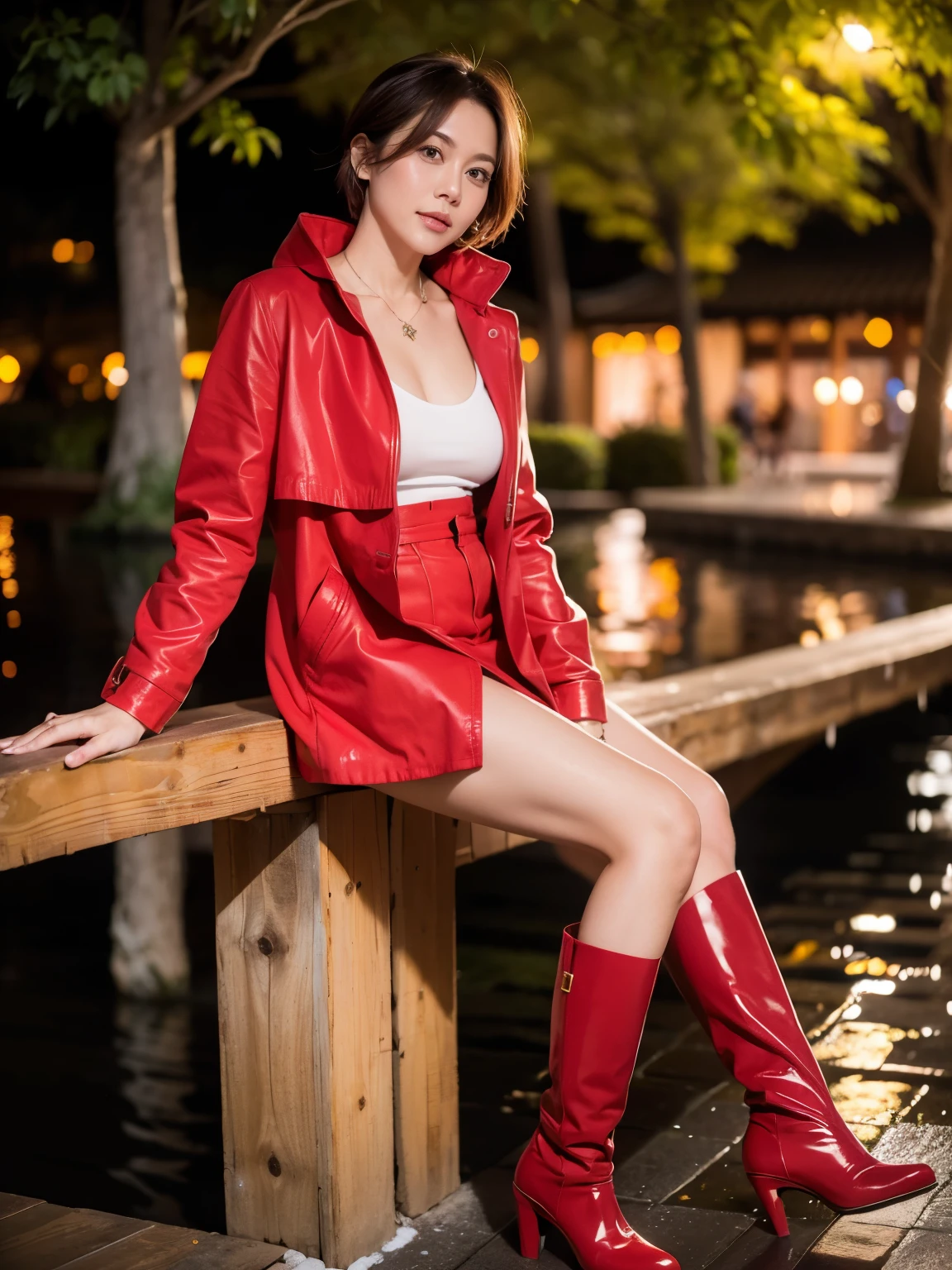 (Raw photo:1.2), (realistic:1.4),beautiful detailed woman,非常にfine eyesと顔, fine eyes, Super detailed,High resolution, very detailed,highest quality,enlightenment,unified,8k wallpaper,masterpiece,highest quality,1 female,alone,rich,Full body Esbian,(Standard body shape)、(D cup breasts:1.1),There'leg meat,slim waist,alone,(red raincoat、red rain boots),jewelry necklace short hair,gentle smile,dignified atmosphere,black eye,realistic,Suzhou Garden , (night garden:1.1)、(rainfall:1.5)