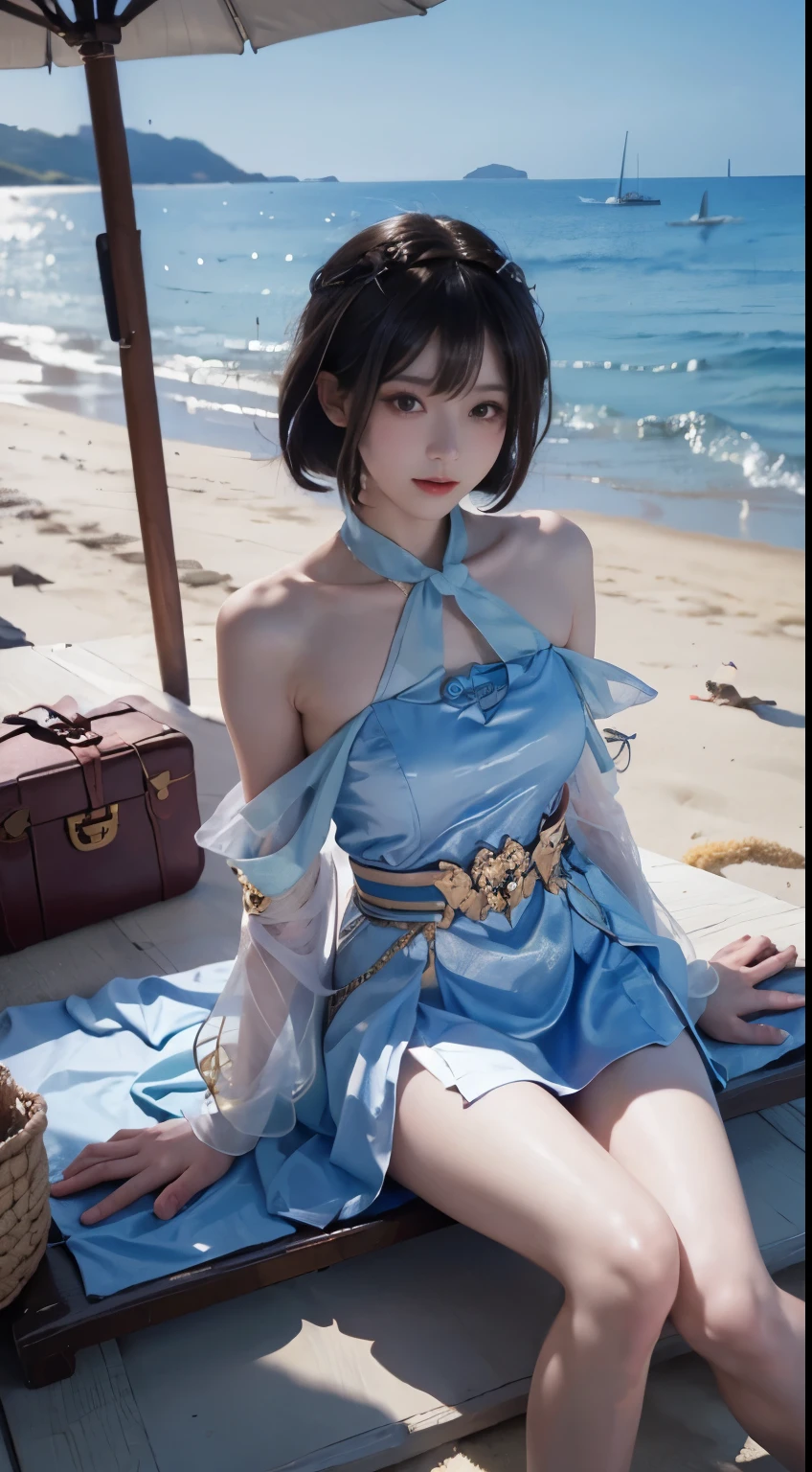 (masterpiece, highest quality:1.2), 1 girl, alone, ((bare shoulders)), (actual:1.37), ((Lying on the beach)), ((bird'perspective shot)), sweet maiden, beautiful容姿, exquisite makeup, Extremely beautiful eyes, short hair, Because I'm slender, firm chest, cleavage, sexy slender legs, short skirt, sexy legs leaking, elegant posture, highest quality, correct move, Correct thigh, anatomy correct, official art, Complex, detailed的顔, detailed, lively, Very detaileded, wonderful, beautiful,Maeda Atsuko, Young and energetic, attractive model, Detailed CG uniform 8k wallpaper