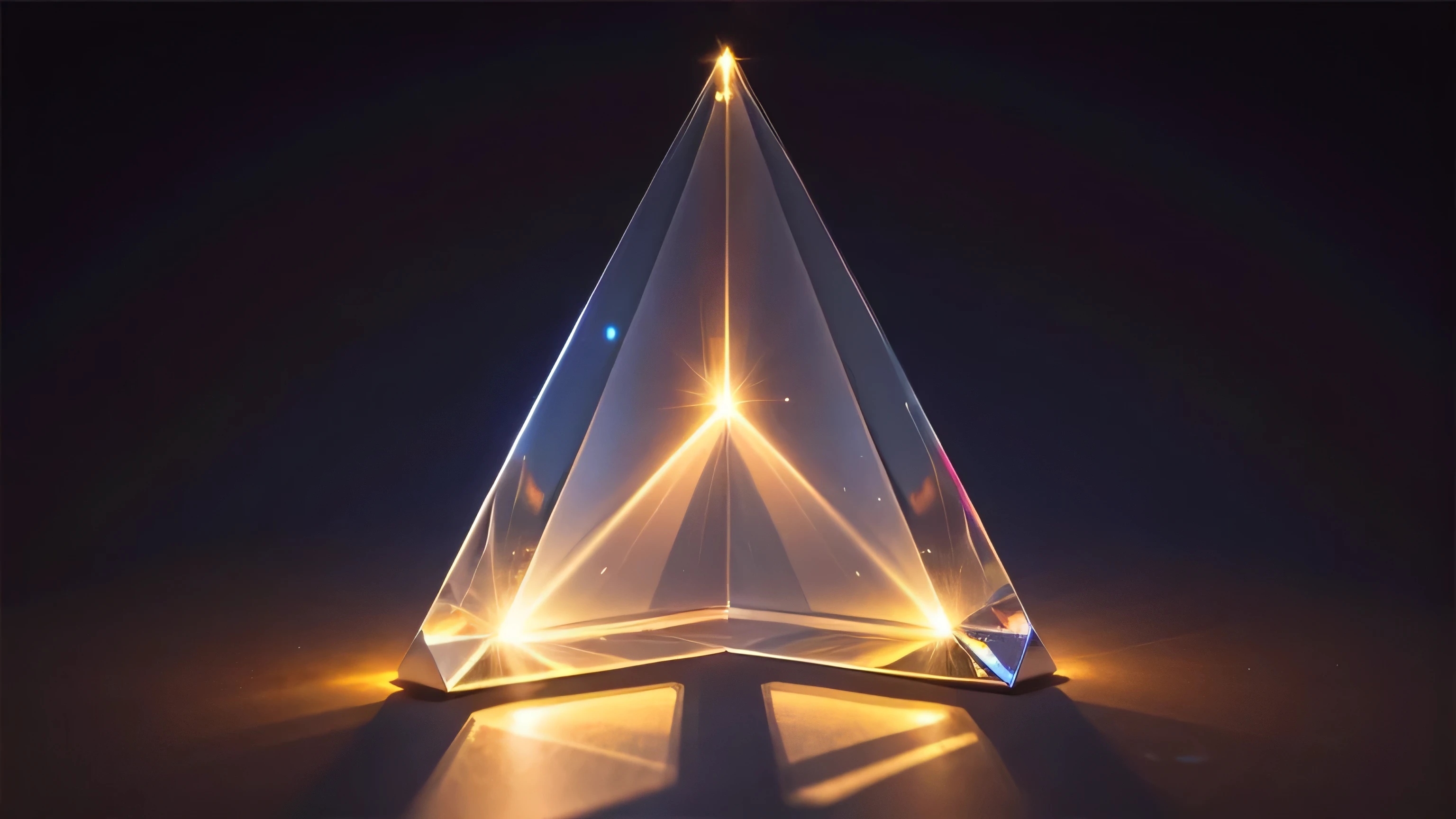 objet lumineux: Prisme triangulaire en cristal, the light passing through&#39;interior projects rays of bright rainbow color.. (best quality, high resolution, chef-d&#39;artwork: 1.2) Ultra-detailed, Couleurs vives, illuminating light source, ethereal, douce lueur, Surnaturel, sharpness, jeu d&#39;shadow and light, Radiant Radiance, fascinant, sparkling, thrilling shine, translucide, danser des couleurs irisées, with interior light, brillant et enchanteur, hypnotic brightness, briller dans le noir. 