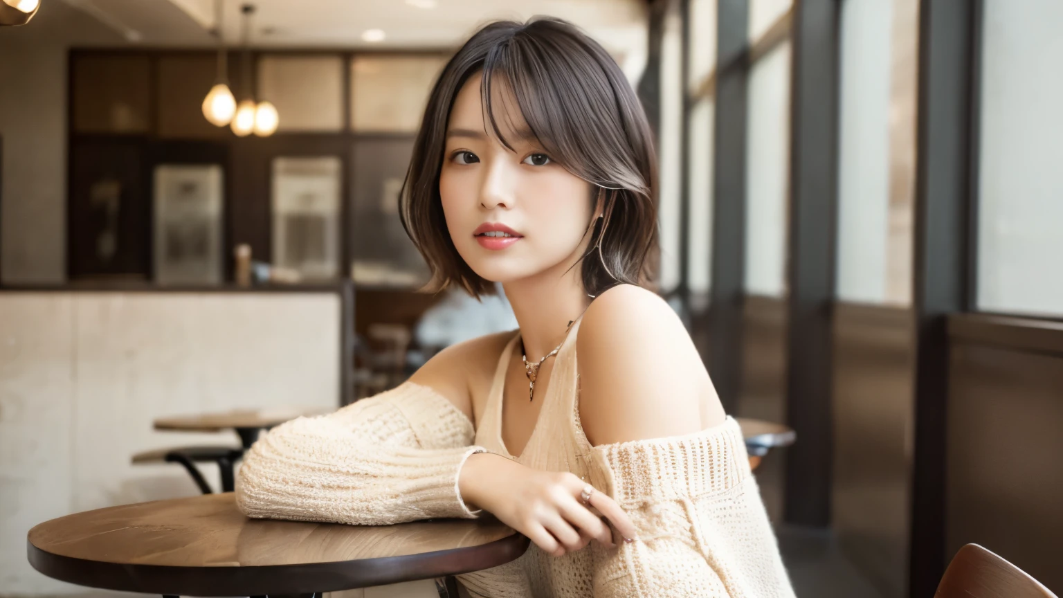 (table top,highest quality)), (realistic:1.4),(((table top,8K)),Stylish café,(Stylish interior),((full body photo))),Photographed in natural light,Highly detailed face and skin texture,highly detailed lips,correct state of the human body,ultra high resolution,(Photoreal:1.4),highest quality, 1 beautiful woman, 38 years old, s, 60mm lens, light beige knit,(medium hair),japanese woman,(black hair),various poses,looking at camera,natural lip color, necklace