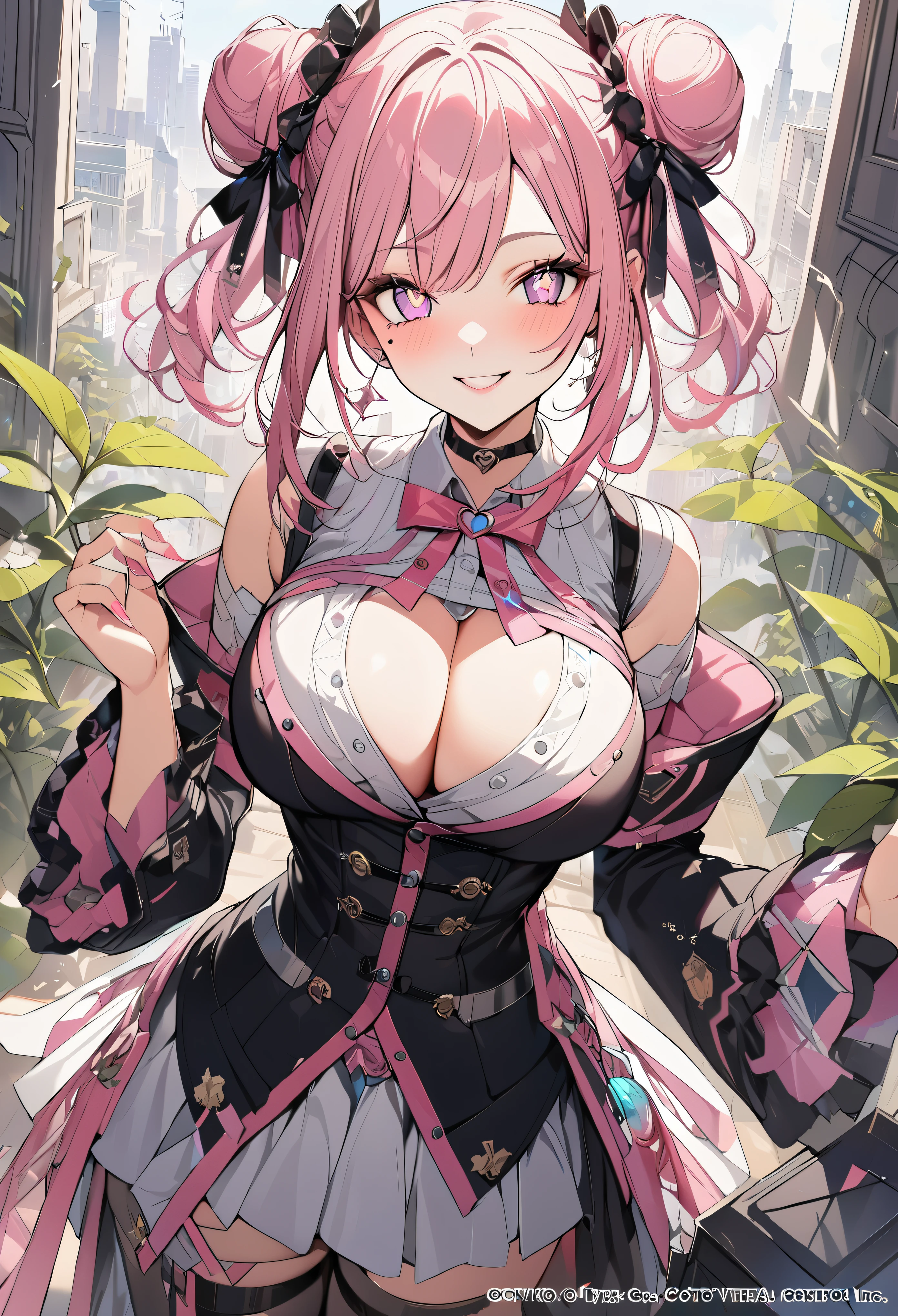 1 girl, pink long bun hair, Symbol-shaped eyes, +_+, big breasts, blazer type uniform, {girl with pink long bun hair named Nami}, (Pink eye color), {downtown}, (smile), bright background , mole under eye, heart shaped choker, (masterpiece, highest quality), very detailed, highest quality, official art, beautiful and aesthetic: 1.2), (1 girl), very detailed, (geometry art: 1.3), colorful, most detailed ?d1 girl, pink long bun hair, Eye of the symbol, +__+, big breasts, gothic costume, {A girl with long pink bun hair named Nami}, (Pink eye color), {downtown}, (smile), bright background, (garden,beautiful flower々),mole under eye, heart shaped choker, (masterpiece, highest quality), official art, beautiful and aesthetic: 1.2), (1 girl), very detailed, (geometry art: 1.3), colorful