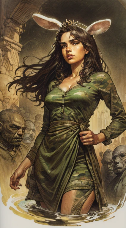 uma obra-prima, Melhor qualidade, woman wearing a militar green camouflage cropped dress,rabbit ears tiara,Druuna, grande,olhos azuis escuros,fleshy lips, decote, salto alto,Paolo Serpieri Arte, Luis Royo Arte, milo manara arte, Arte de Bernie Wrightson, fundo de floresta florida