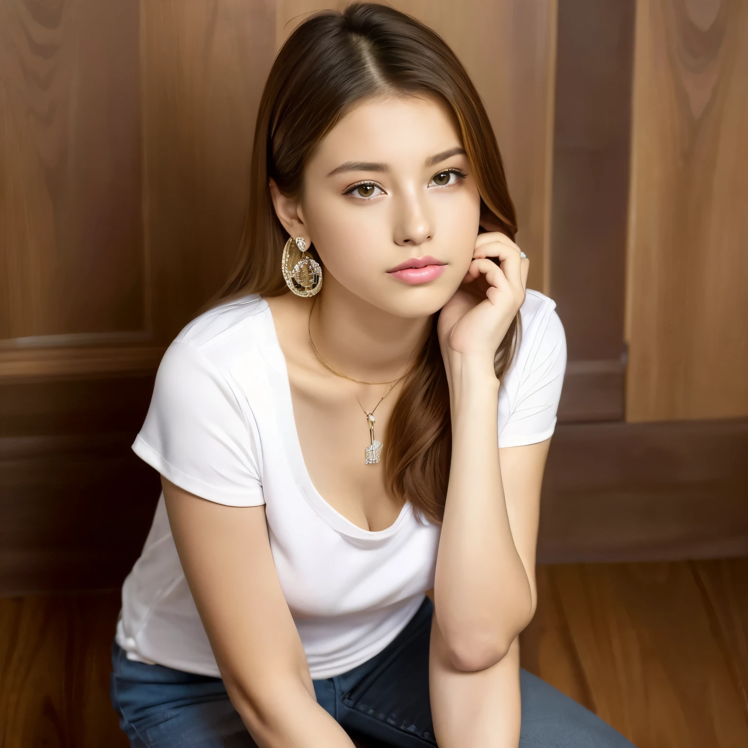((D'un droit au-dessus, perspective à vol d'oiseau)), 1fille, Portrait d'une jolie adolescente de , au visage parfait, s'is kneeling on the wooden floor, très beau russe, ses yeux regardent vers la caméra, t-shirt sans manches, (Huge neckline), boucles d'oreilles, se concentrer uniquement, fermer, presentation face, regarder le spectateur, levres tentantes