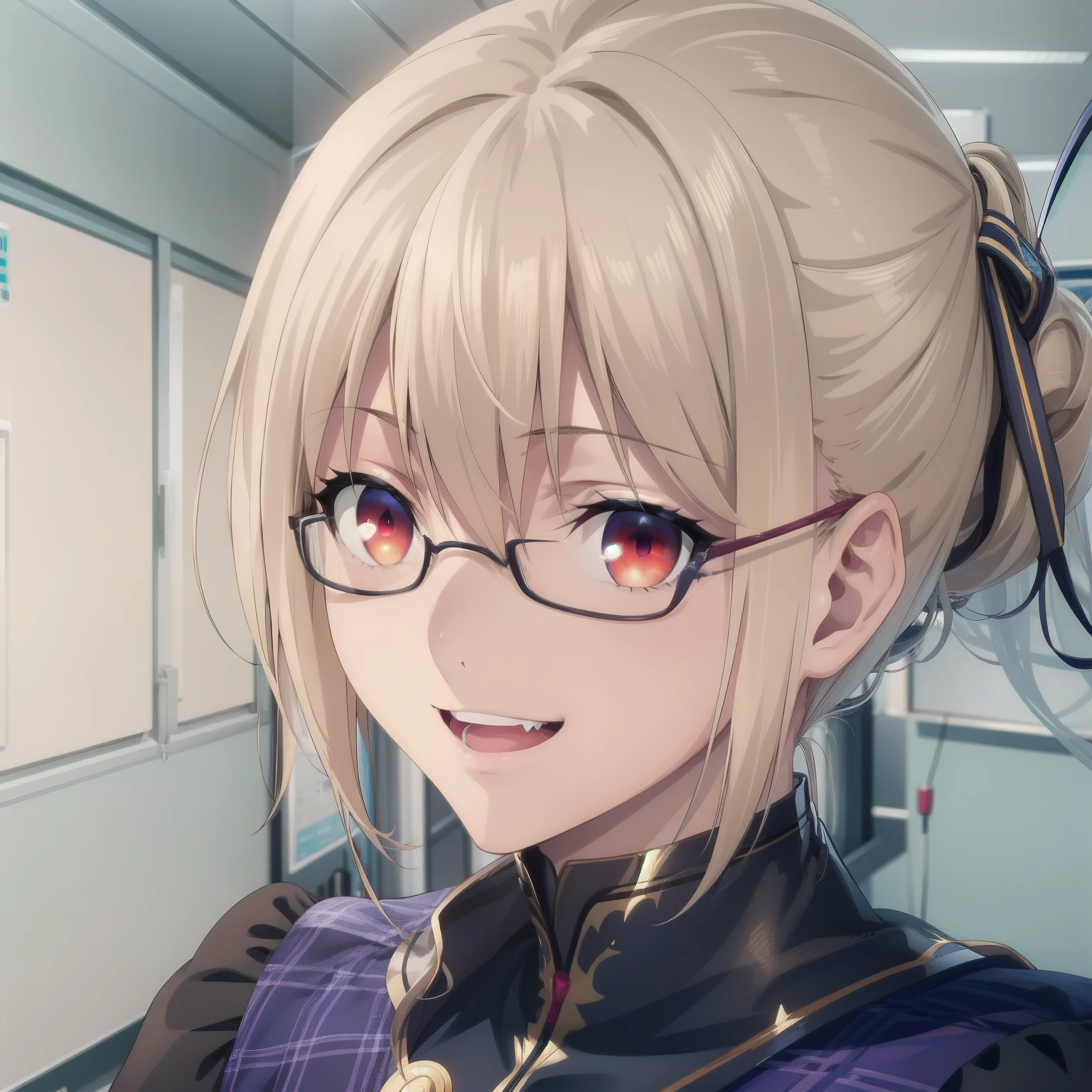 1girl,hospital cleanroom,(8k),anime
,detailed face,blonde hair,red eyes,tied hair_ornament,((vampire fangs:0.9)),happy,smiling,high_res, high_definition,looking at viewer,fancy navy blue student uniform with gold trim,sharp image