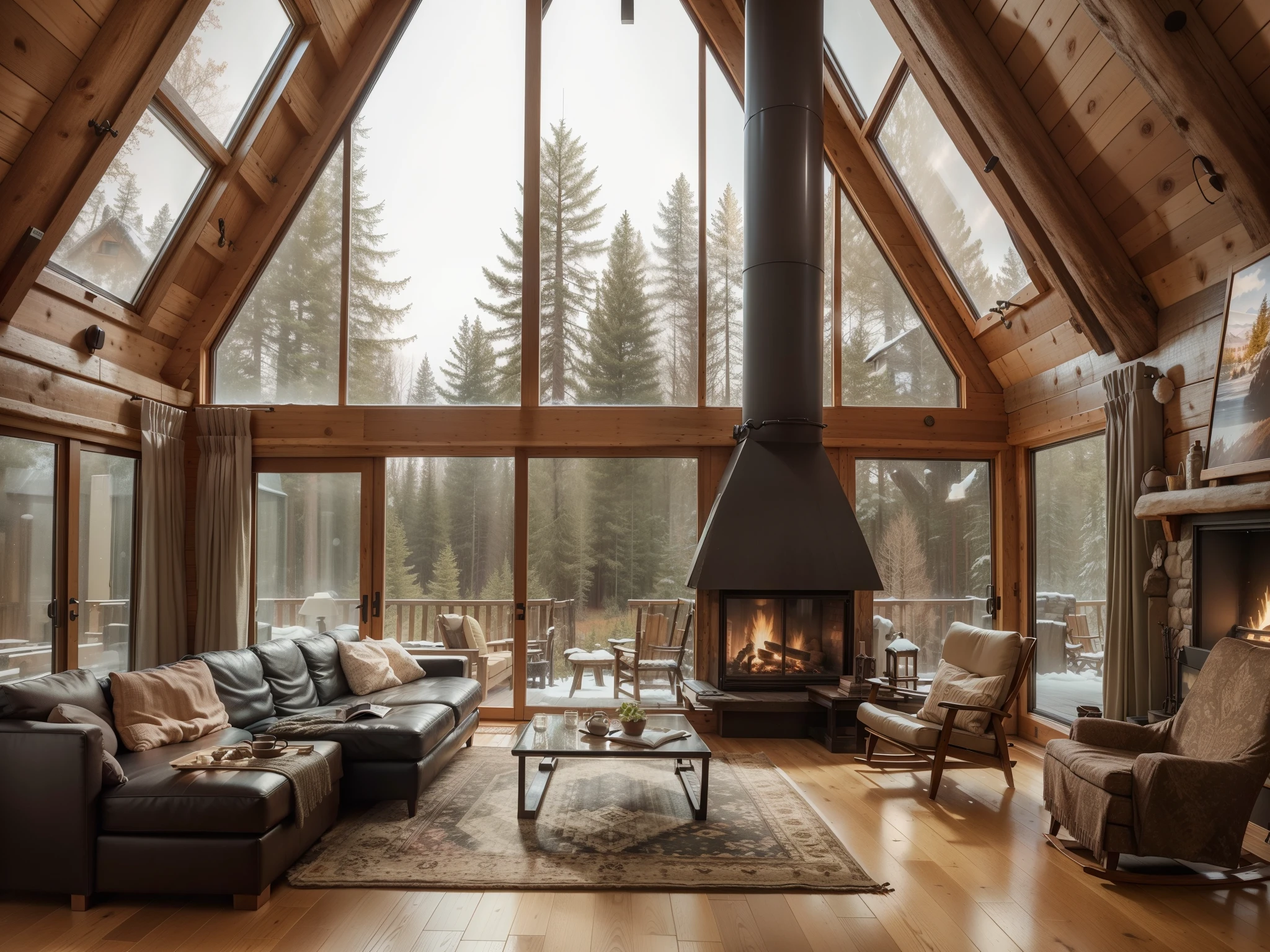 arafed living room with a fireplace and a couch in front of a large window, cozy setting, cozy environment, warm interior, modern rustic, cozy living room, very cozy, by Brigette Barrager, warm interiors, cosy atmoshpere, in a cabin, cozy place, luxurious wooden cottage, wide shot of a cabin interior, cabin in the woods