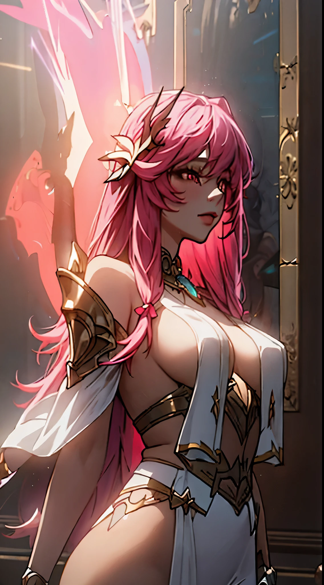 (masterpiece, best quality), 1lady, solo, masterpiece, artstation, dynamic, charming, magical, unreal engine, fantastically beautiful, illustration, dramatic lighting, rave background, neon glow, maximalist, ahri, nsfw, playing Handphone