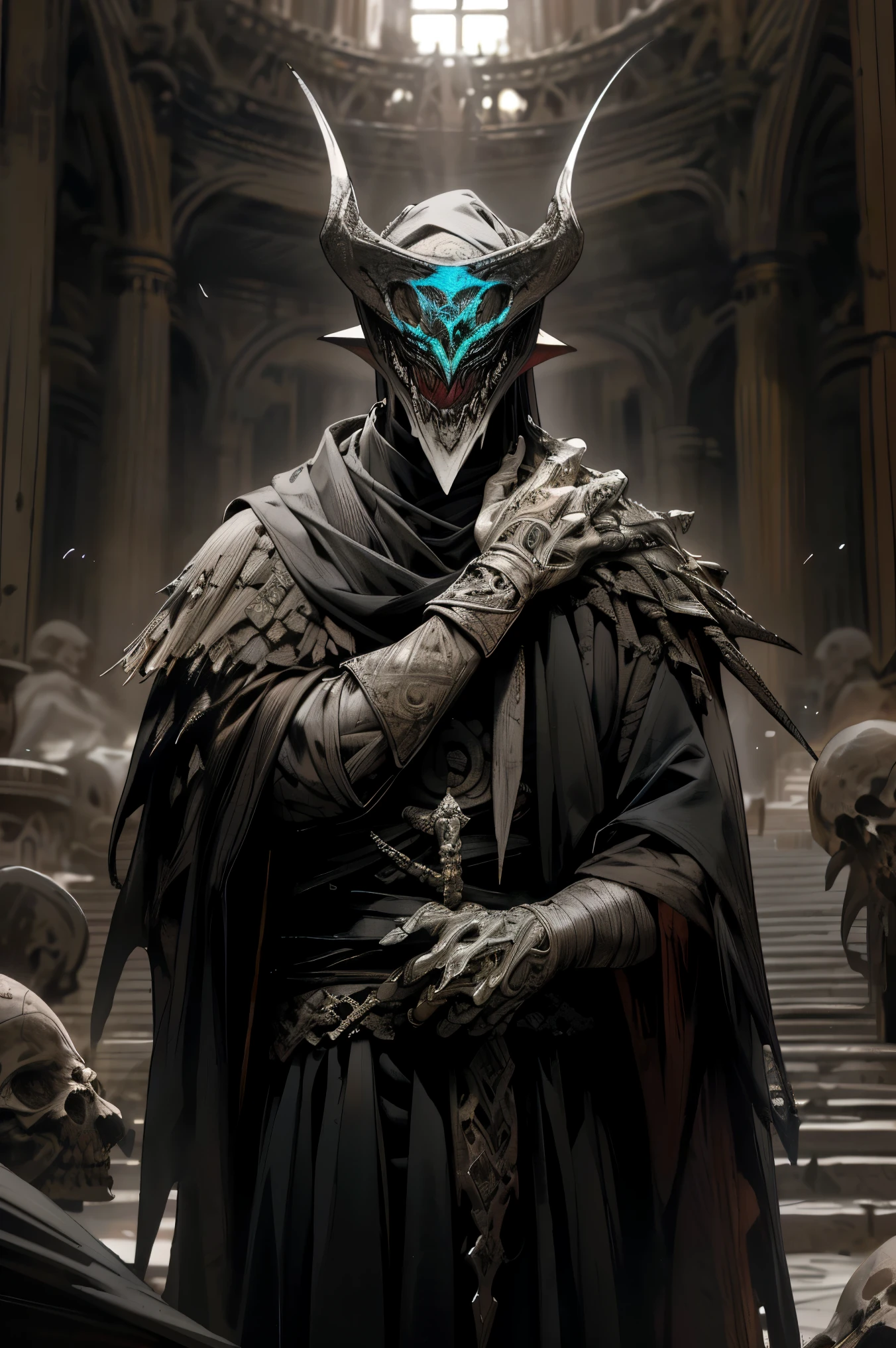 "In the depths of a desert landscape of haunting beauty, emerge una figura escalofriante. Vestido con un andrajoso, Capa parecida a un hombre de arena, His face is obscured by a grotesque mask that once seemed fascinating but now looks like shit... El monstruo villano exuda un aura intimidante mientras agarra una espada sangrienta., arma hecha jirones en su mano. The scene is represented with hyper-realistic details., Every wrinkle and tear in the mask and the villain's hideous appearance are brought to life with intricate precision... Los inquietantes colores del desierto, wrapped in a mysterious twilight, add to the scary atmosphere, el cielo