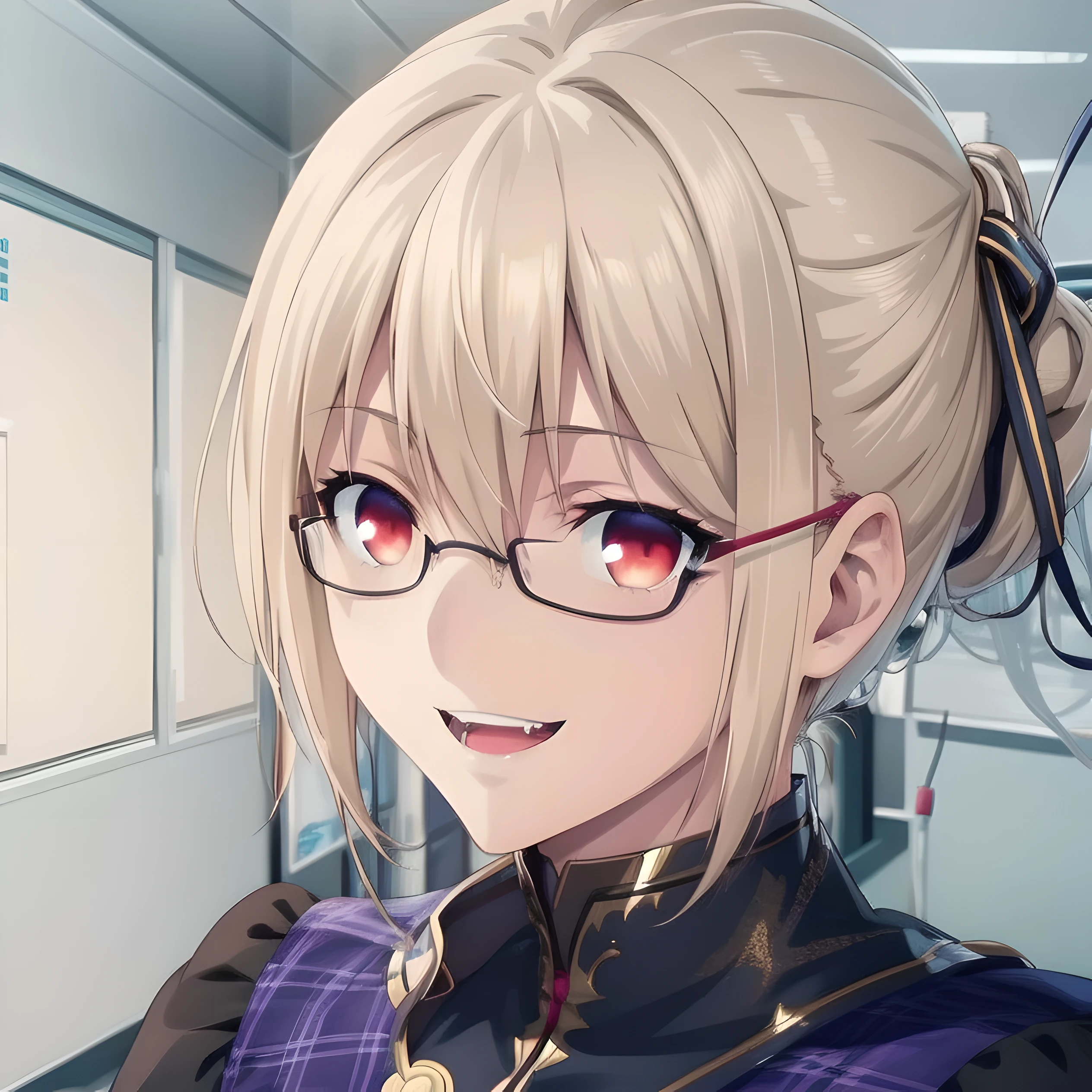 1girl,hospital cleanroom,(8k),anime
,detailed face,blonde hair,red eyes,tied hair_ornament,((vampire fangs:0.9)),happy,smiling,high_res, high_definition,looking at viewer,fancy navy blue student uniform with gold trim,sharp image