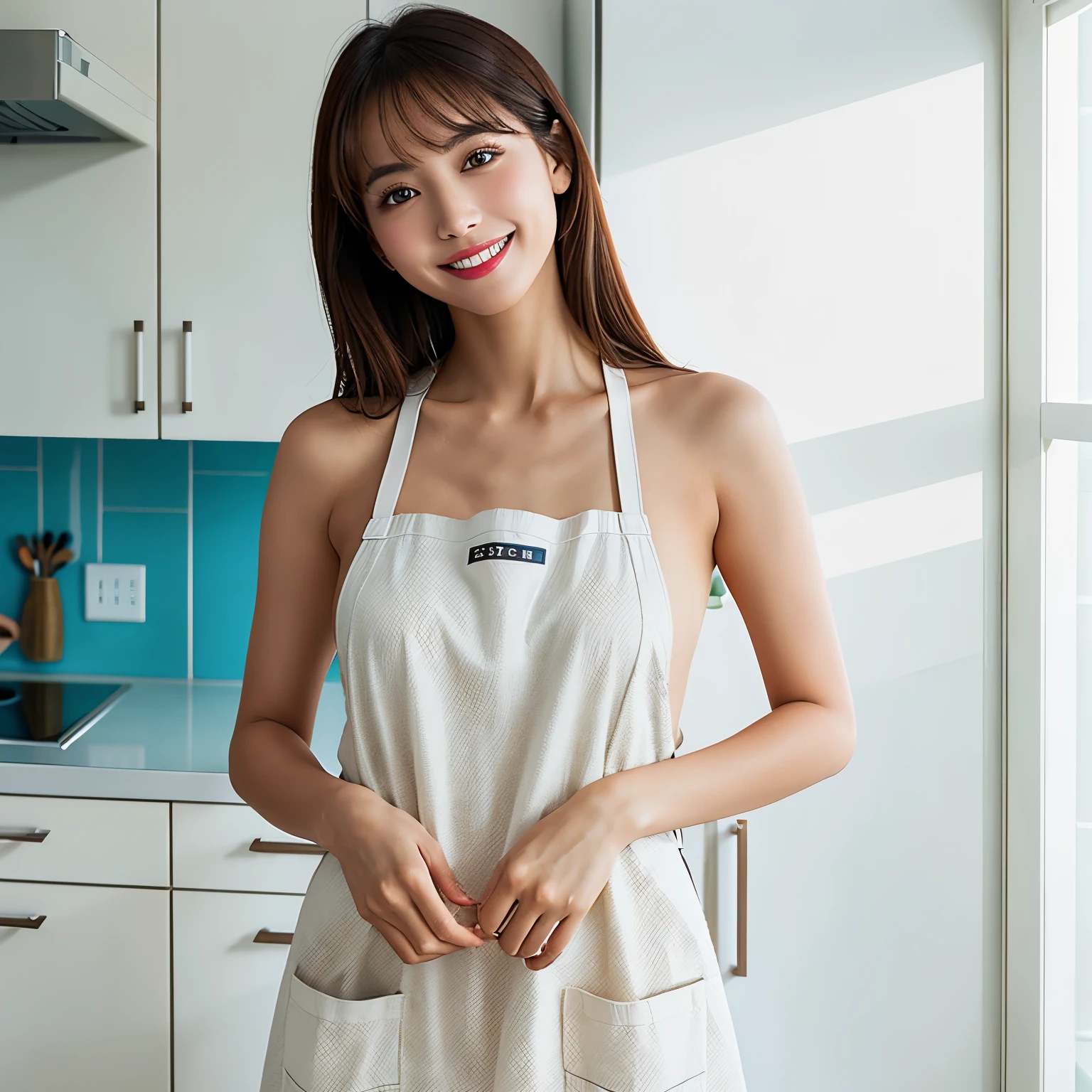 (highest quality、In 8K、masterpiece) 、(1 girl)、Big、ultra-realistic capture, Skin texture must be natural, Detailed enough to identify even the pores,highly detailed face、detailed eyes、pouring tea、teapot、Wearing an apron naked、Are standing、big ass