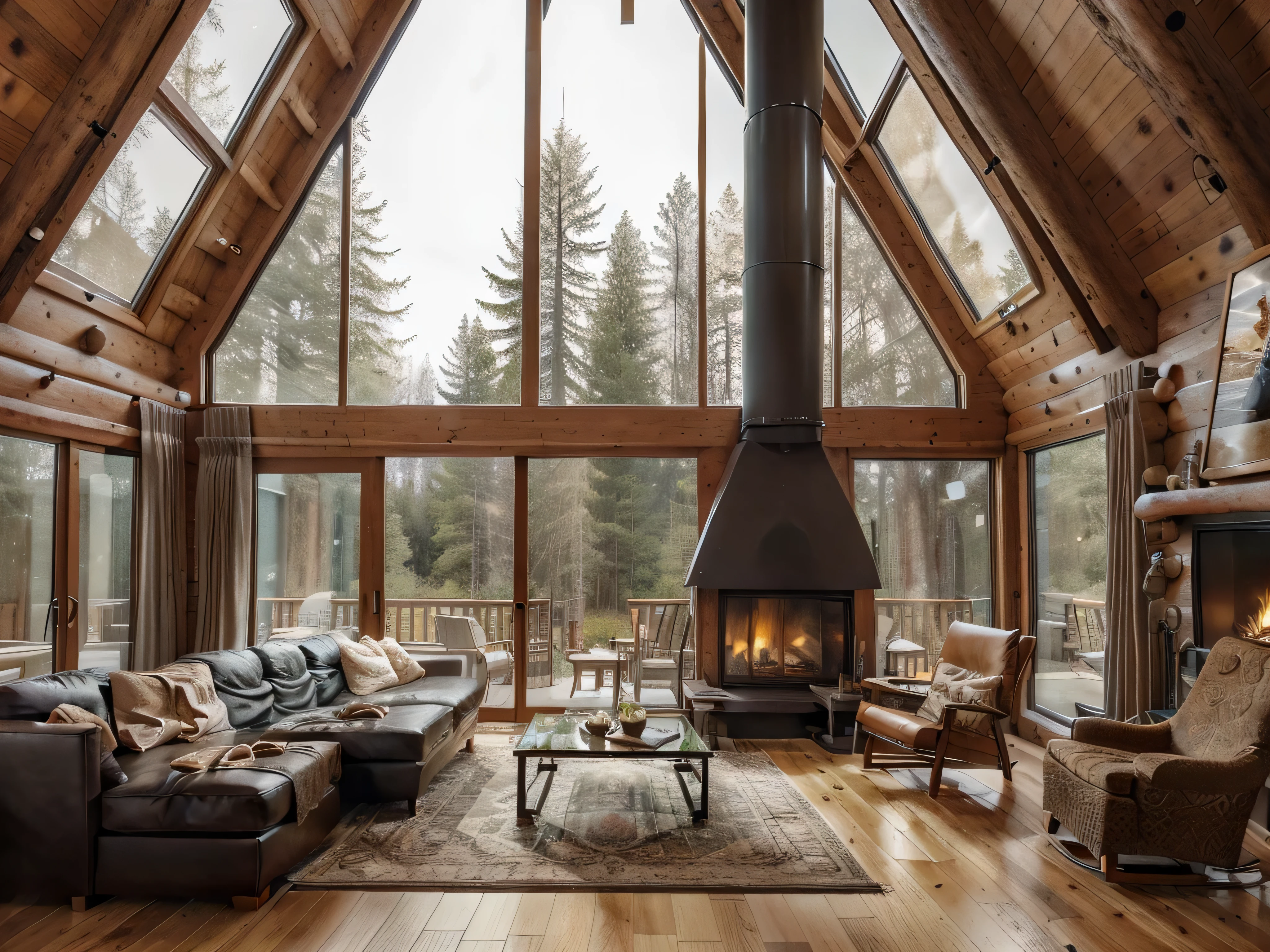 arafed living room with a fireplace and a couch in front of a large window, cozy setting, cozy environment, warm interior, modern rustic, cozy living room, very cozy, by Brigette Barrager, warm interiors, cosy atmoshpere, in a cabin, cozy place, luxurious wooden cottage, wide shot of a cabin interior, cabin in the woods