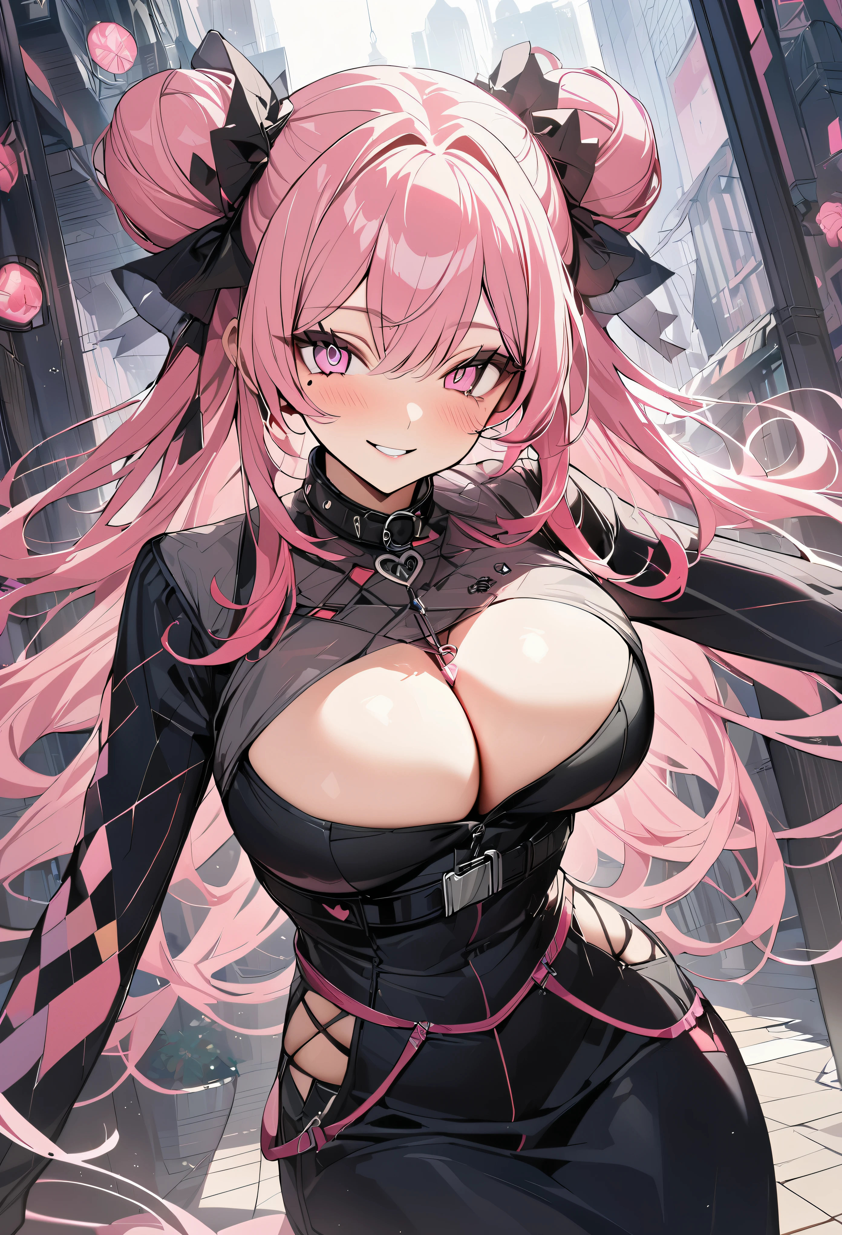 1 girl, pink long bun hair, heart shaped eyes, ♡, big breasts, police officer clothes, {girl with pink long bun hair named Nami}, (Pink eye color), {downtown}, (smile), bright background , mole under eye, heart shaped choker, (masterpiece, highest quality), very detailed, highest quality, official art, beautiful and aesthetic: 1.2), (1 girl), very detailed, (geometry art: 1.3), colorful, most detailed ?d1 girl, pink long bun hair, Eye of the symbol, +__+, big breasts, gothic costume, {A girl with long pink bun hair named Nami}, (Pink eye color), {downtown}, (smile), bright background, (garden,beautiful flower々),mole under eye, heart shaped choker, (masterpiece, highest quality), official art, beautiful and aesthetic: 1.2), (1 girl), very detailed, (geometry art: 1.3), colorful