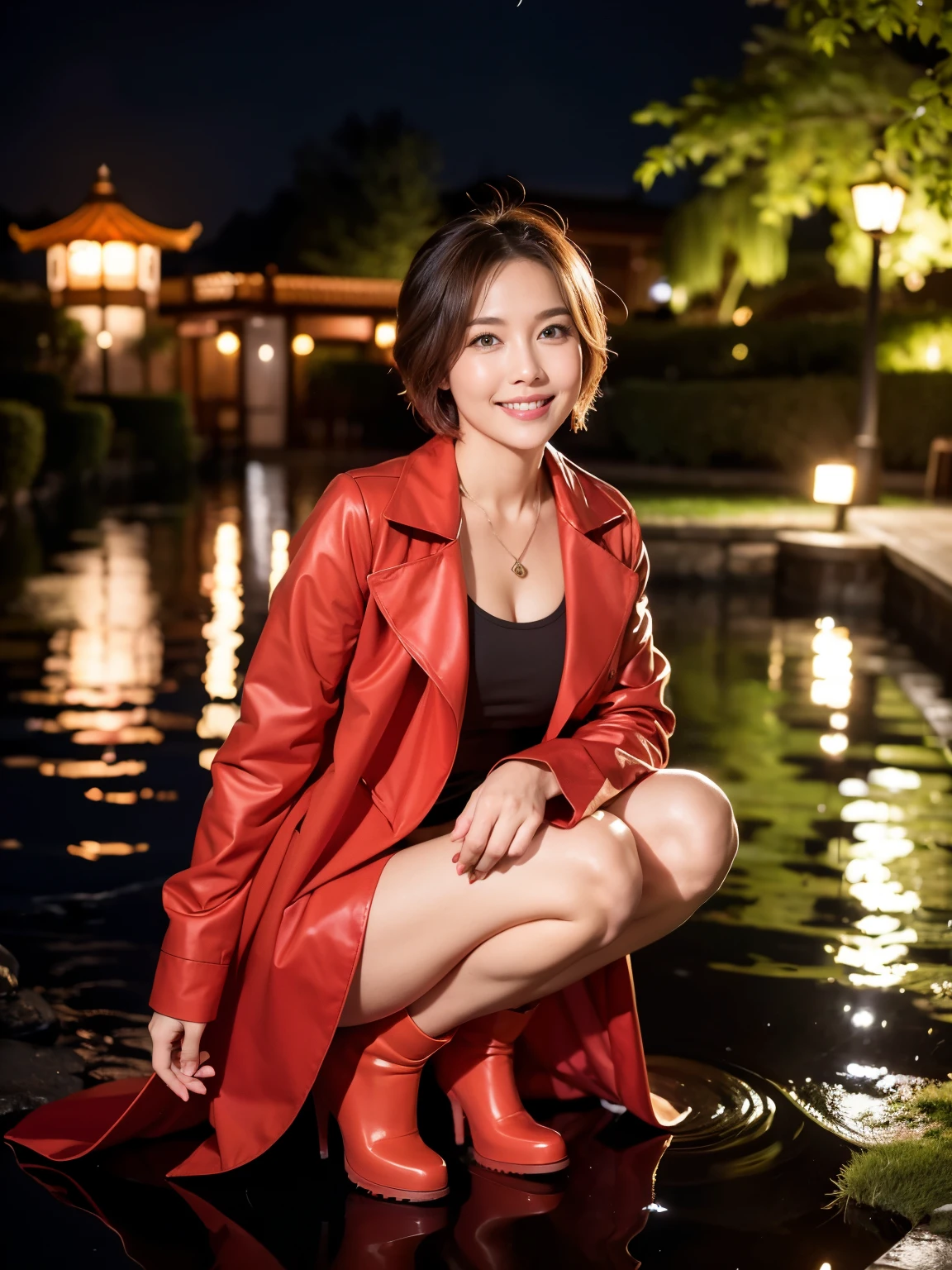 (Raw photo:1.2), (realistic:1.4),beautiful detailed woman,非常にfine eyesと顔, fine eyes, Super detailed,High resolution, very detailed,highest quality,enlightenment,unified,8k wallpaper,masterpiece,highest quality,1 female,alone,rich,Full body Esbian,(Standard body shape)、(D cup breasts:1.1),There'leg meat,slim waist,alone,(red raincoat、red rain boots),jewelry necklace short hair,gentle smile,dignified atmosphere,black eye,realistic,Suzhou Garden , (night garden:1.1)、(rainfall:1.5)