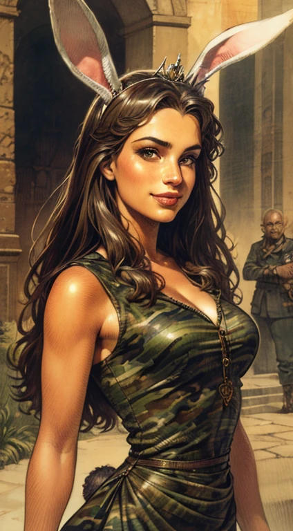 uma obra-prima, Melhor qualidade, woman wearing a militar green camouflage cropped dress,rabbit ears tiara,Druuna,fake eyelashes,fleshy lips,looking to observer, little smile,decote, salto alto,Paolo Serpieri Arte, Luis Royo Arte, milo manara arte, Arte de Bernie Wrightson, florish background